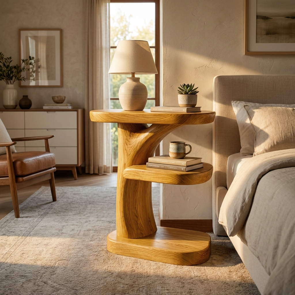 Organic Wooden Nightstand With Storage Shelf For Bedroom RTTHTTNS033