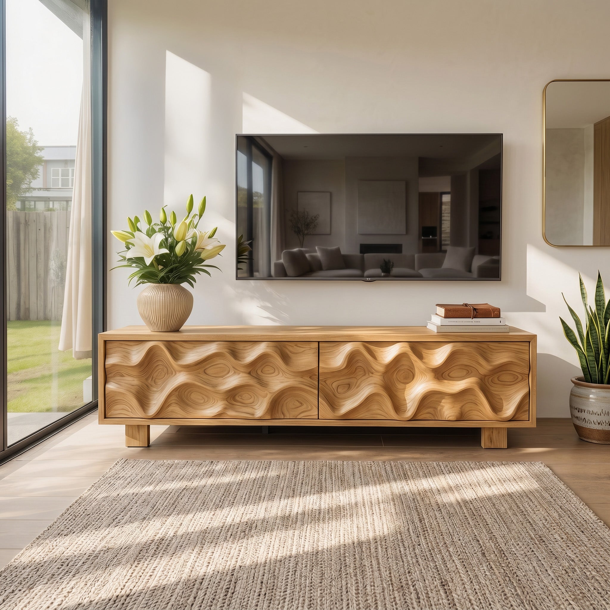 Hand Carved TV Stand With Wave Design For Living Room SITHHNTVC005