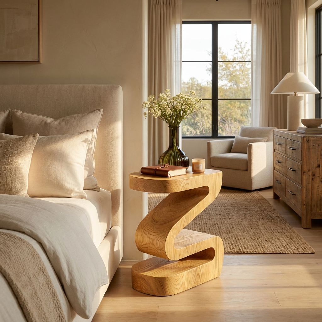 Elegant Natural Wood Nightstand With Curved Form For Bedroom RTTHTTNS023