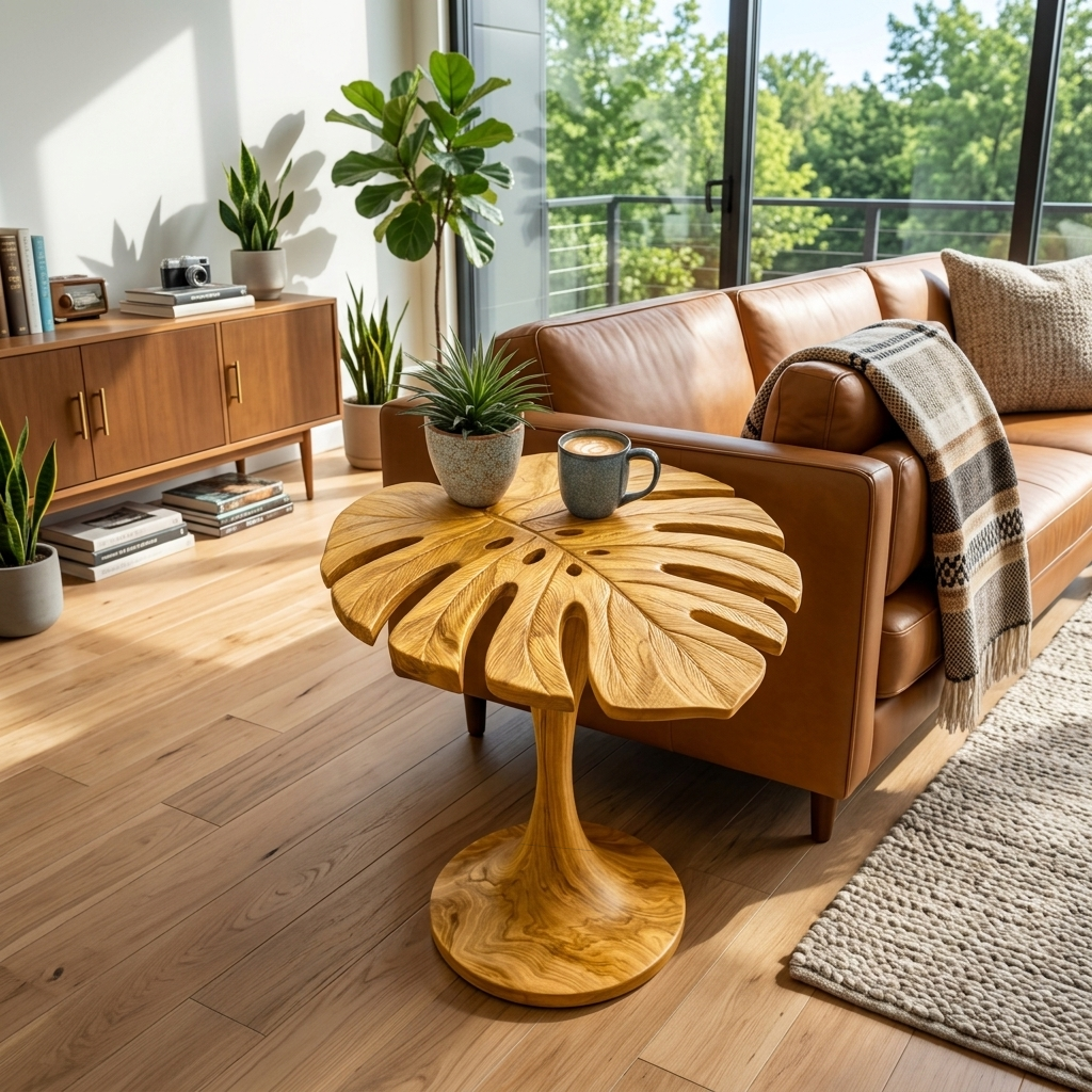 Handmade Wooden Side Table Leaf Shape Top For Sofa Side RTTHTTSTA067