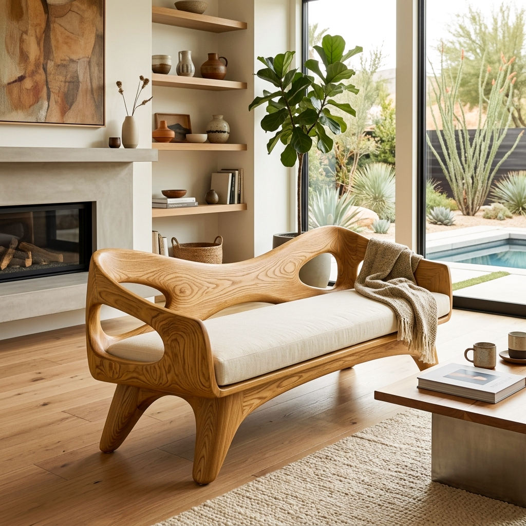 Organic Wooden Sofa With Unique Backrest For Lounge RTTHTTSF030