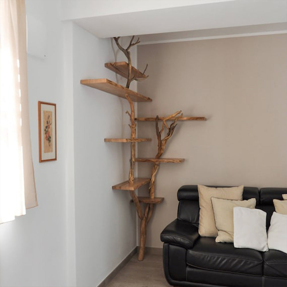 Natural Tree Branch Corner Shelf Wood Bookcase Wall Custom Cat Tree SINLTB020