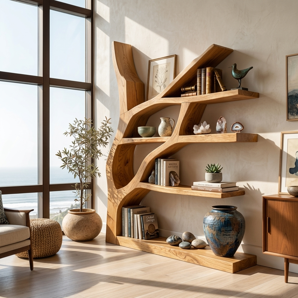 Contemporary Wooden Bookshelf Sculptural Shape For Living Room RTTHTTBS114