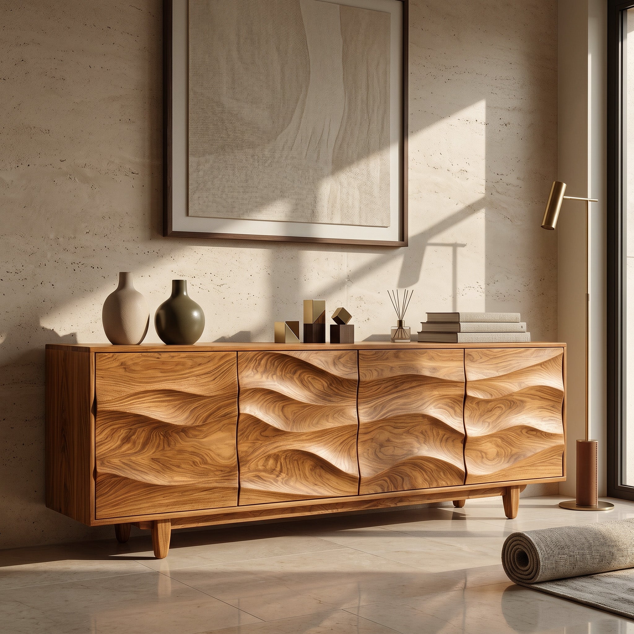Rustic Wooden Sideboard With Undulating Doors For Living Room RTTHHNSD040
