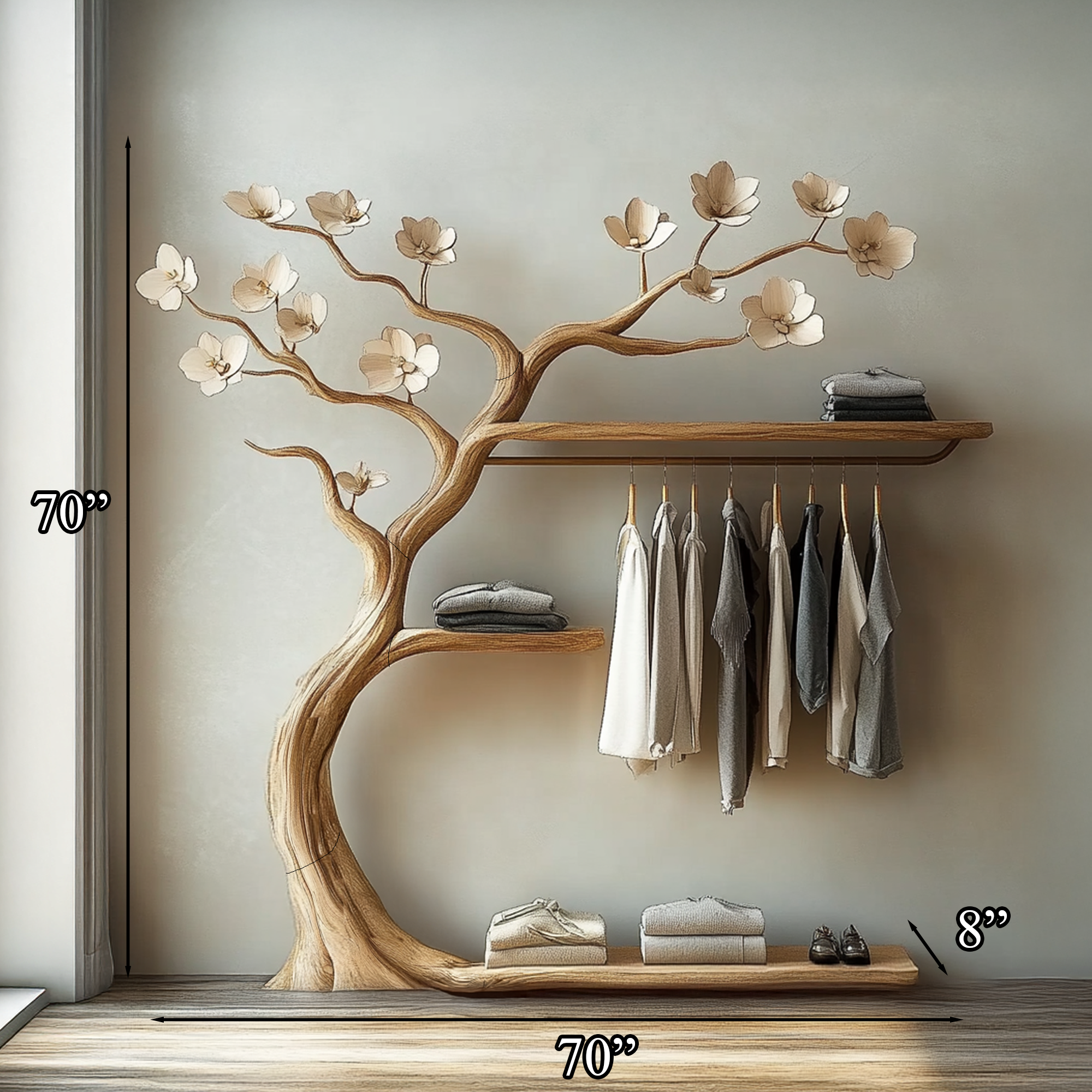 Rustic Tree Branch Rack Wall Mounted Floating Shelf Tree Hanger Clothes SINLTB136