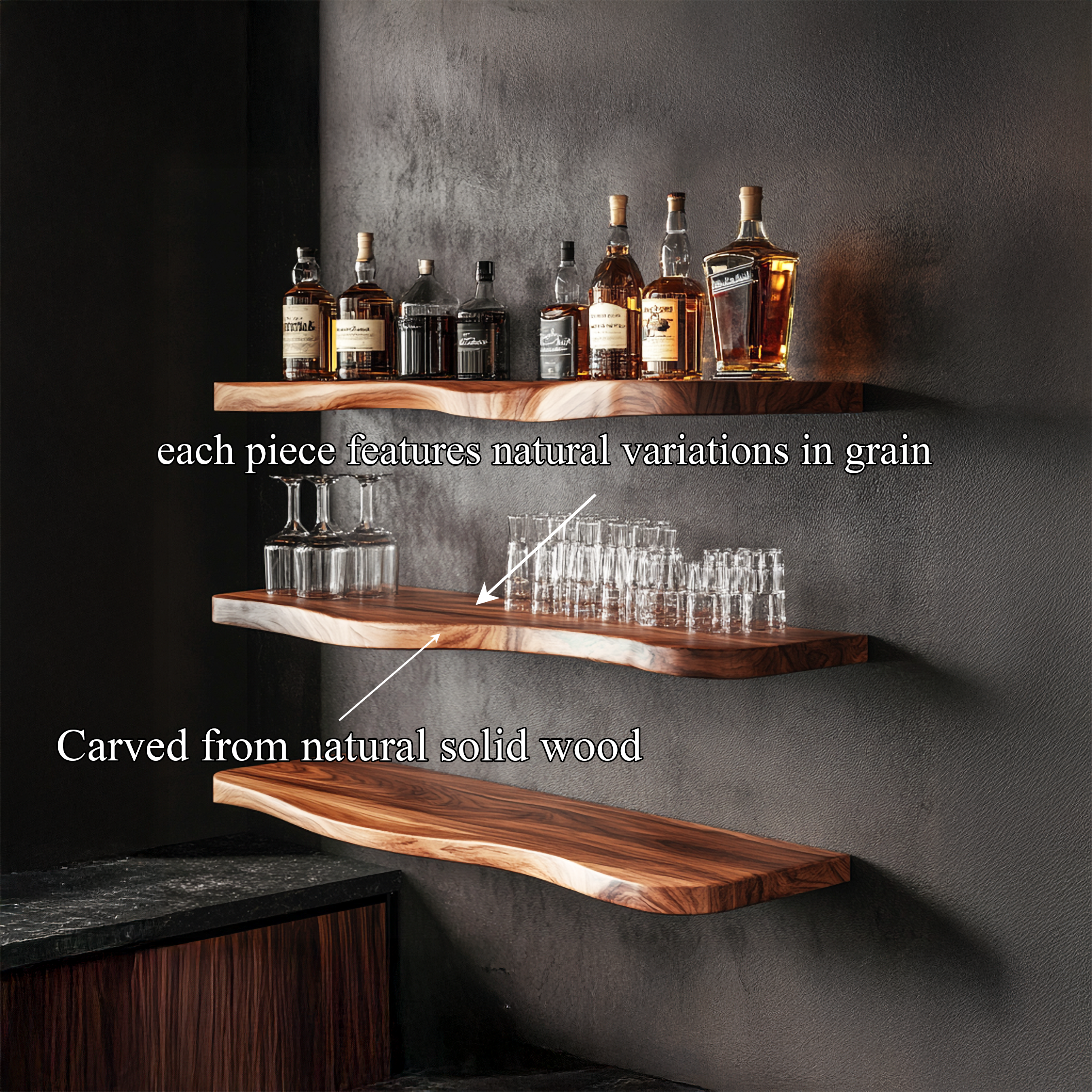 Nature Inspired Live Edge Bar Shelf Solid Wood Home Bar Interior Statement Decor SINLSAFL424