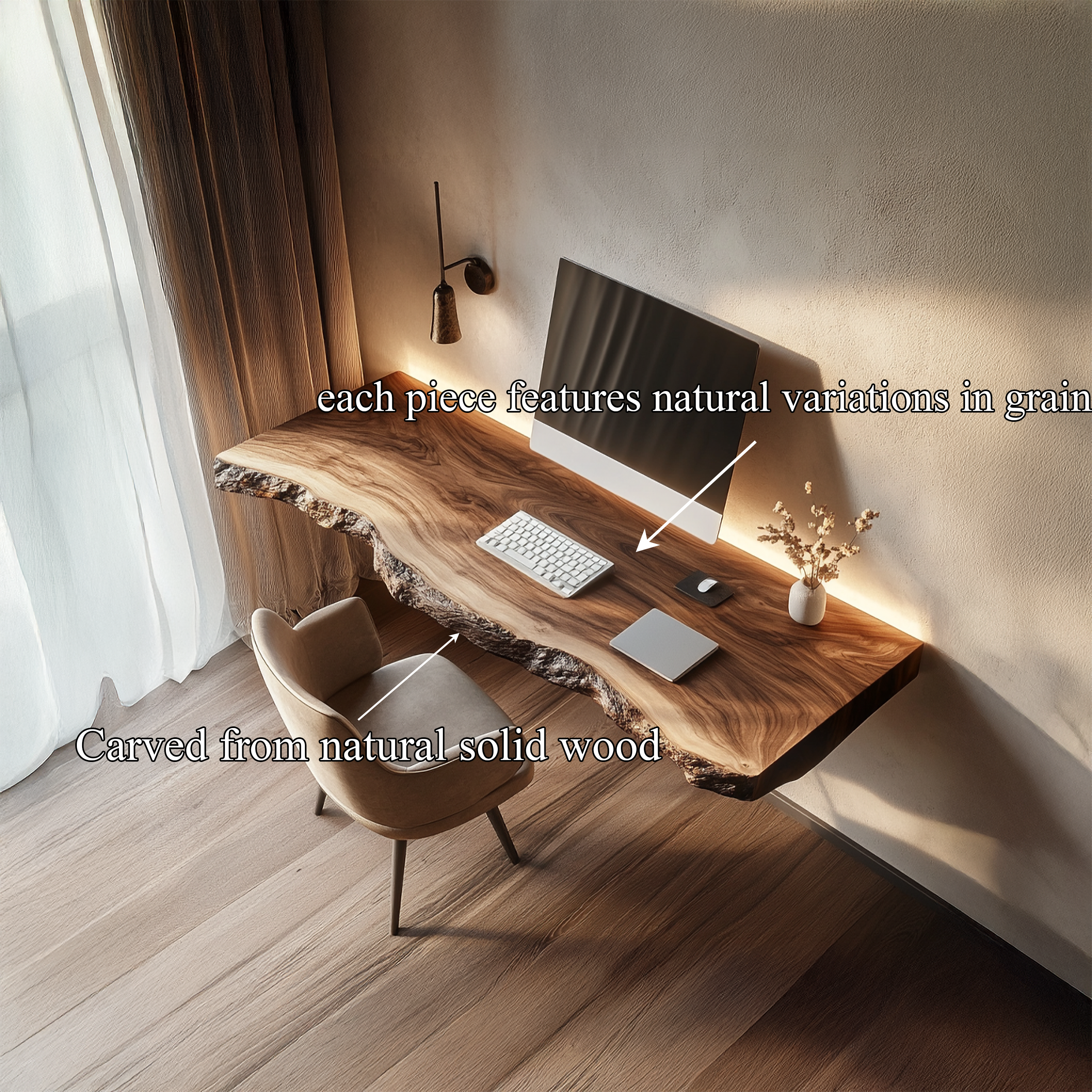 Handcrafted Floating Writing Desk Solid Wood Study Room Interior Statement Design SINLSAFL425