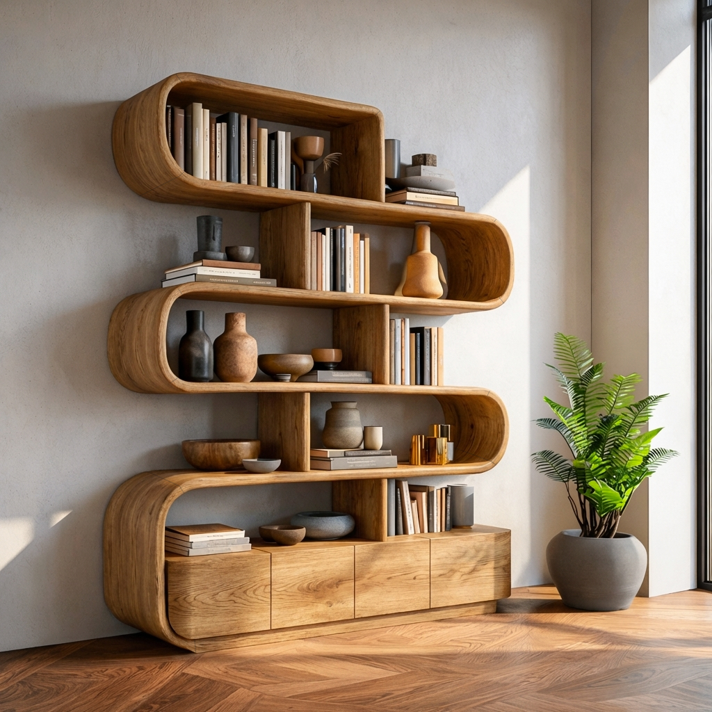 Organic Wooden Bookshelf With Flowing Form For Home Interior RTTHTTBS116