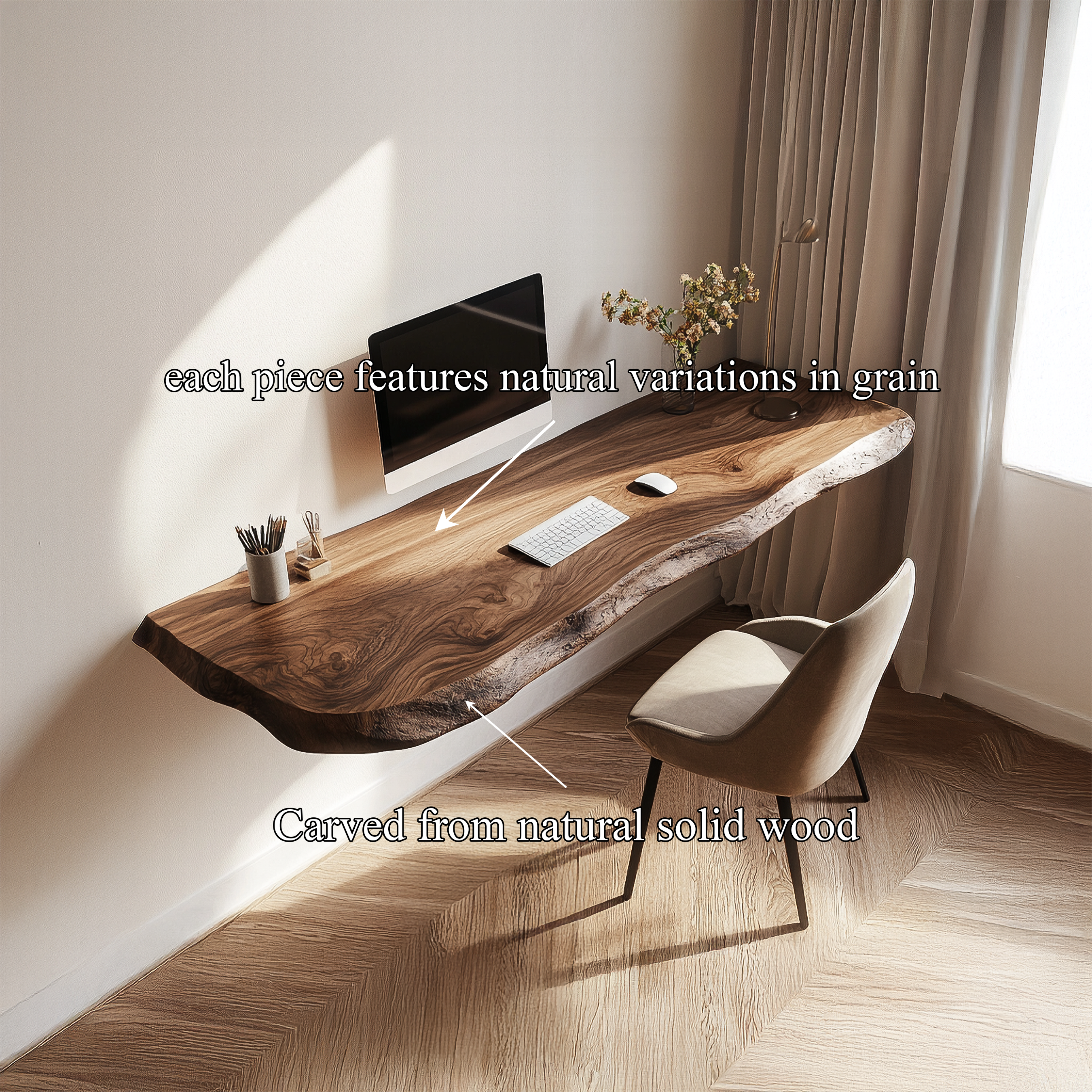 Rustic Live Edge Floating Desk Solid Wood Home Office Interior Wall Mounted SINLSAFL429