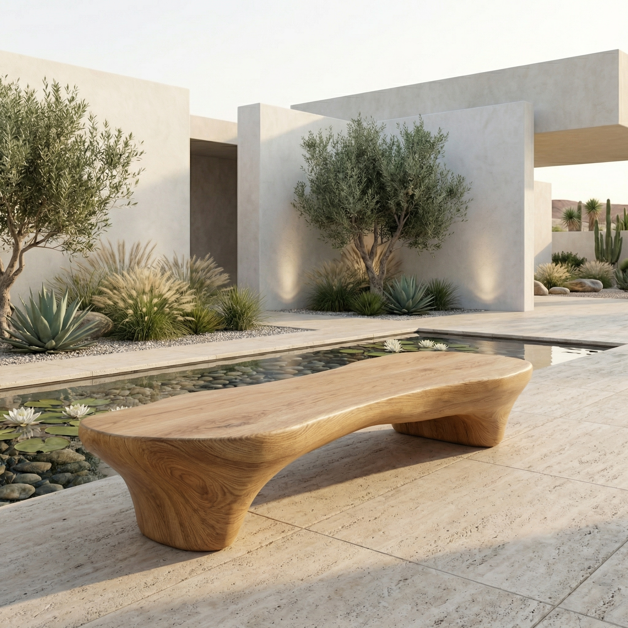 Minimal Organic Bench Solid Wood Smooth Rounded Form Entryway SINLHARS092