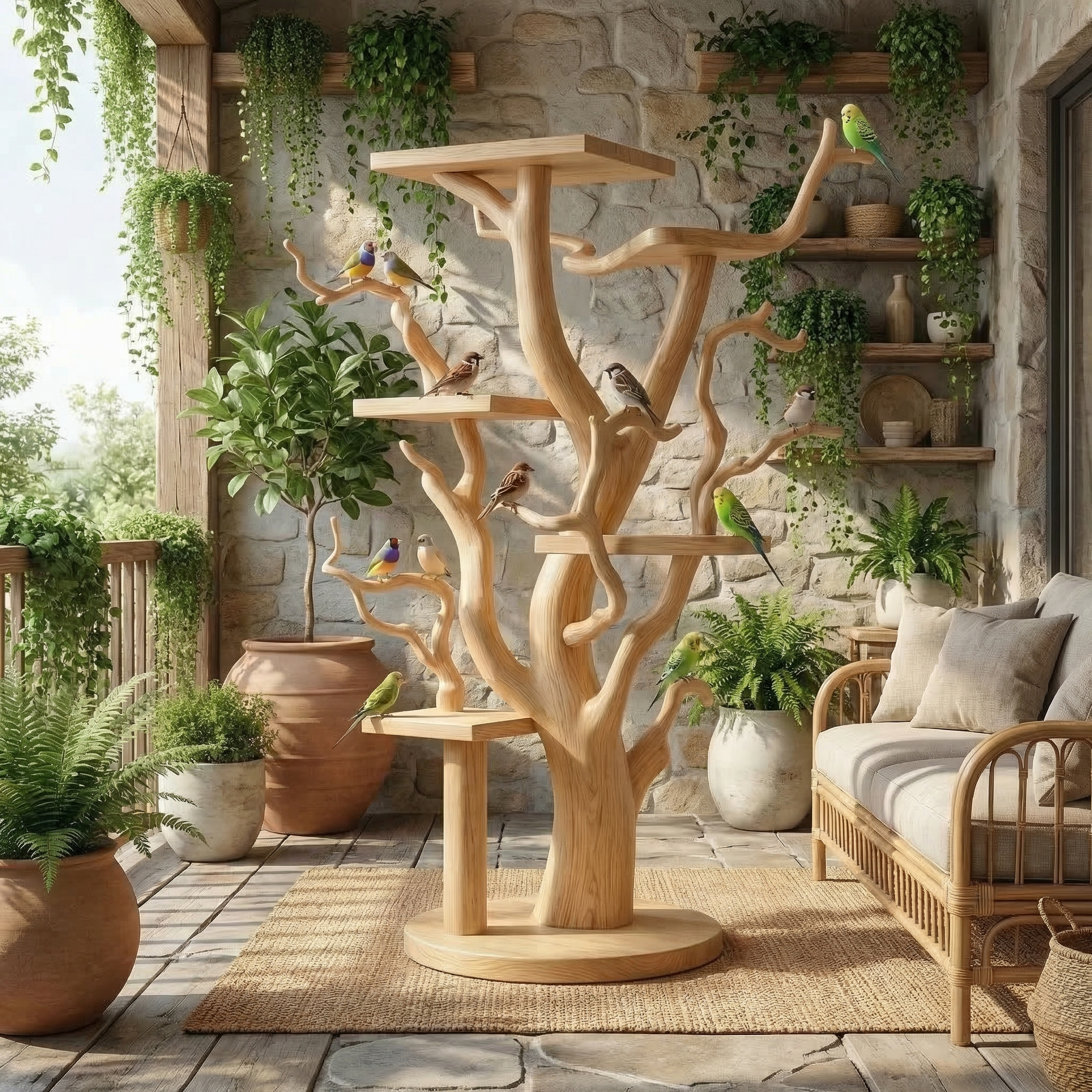 Rustic Tree Bird Stand For Living Room or Pet Space SINLSATT127