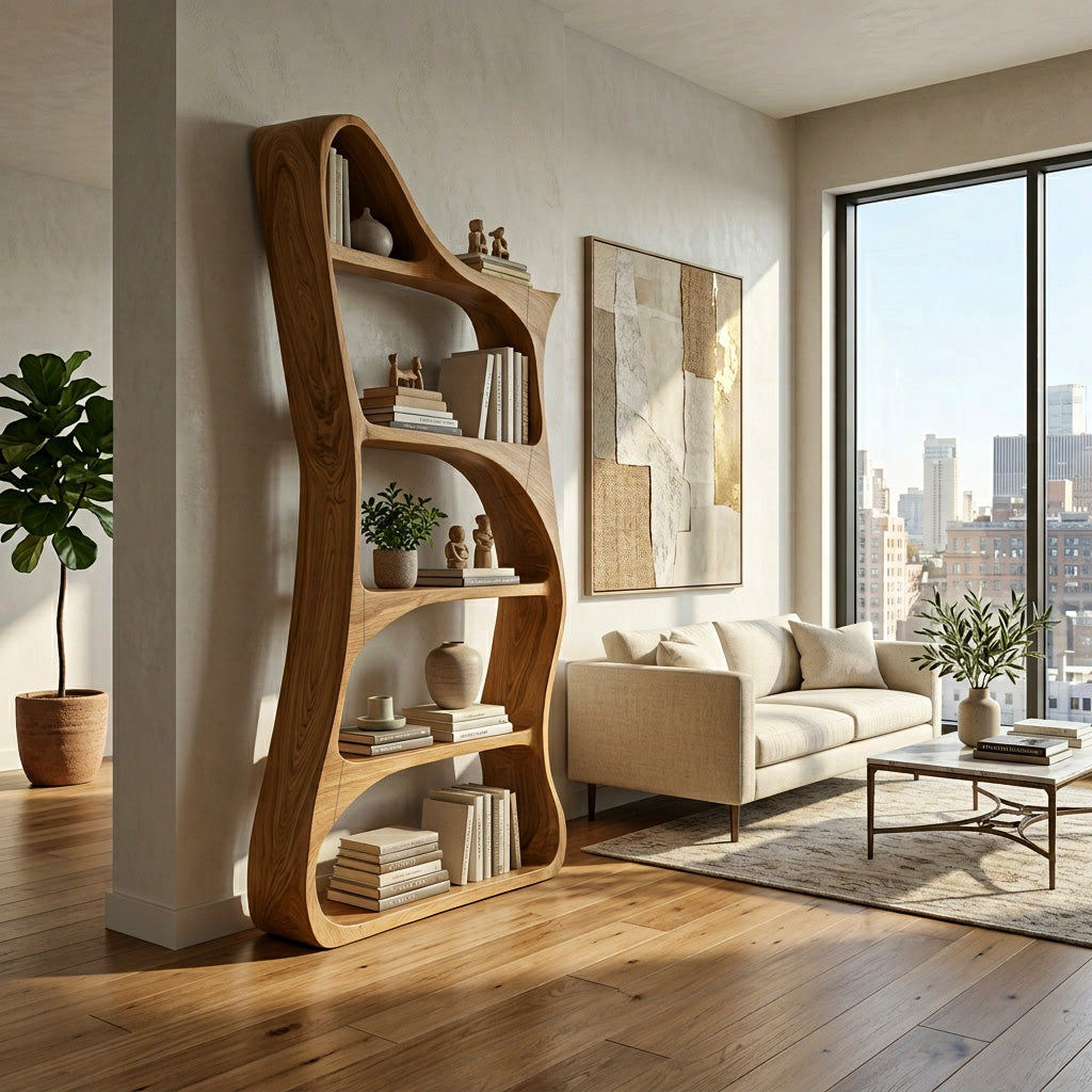 Modern Sculptural Natural Wood Bookshelf For Living Room RTTHHNBS162