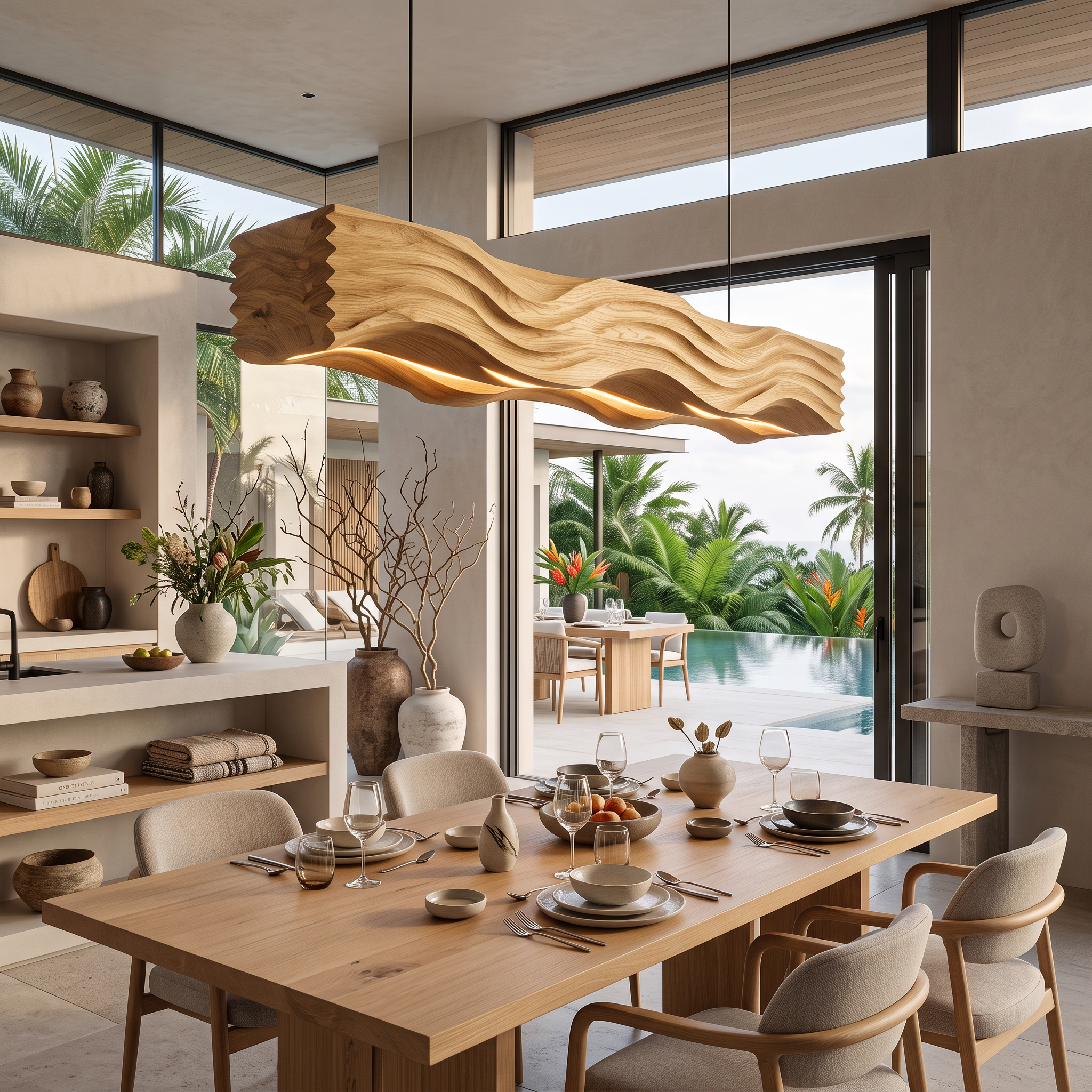 Sculpted Hanging Lamp Featuring Flowing Wave Carving For Dining RTTHTTCE015