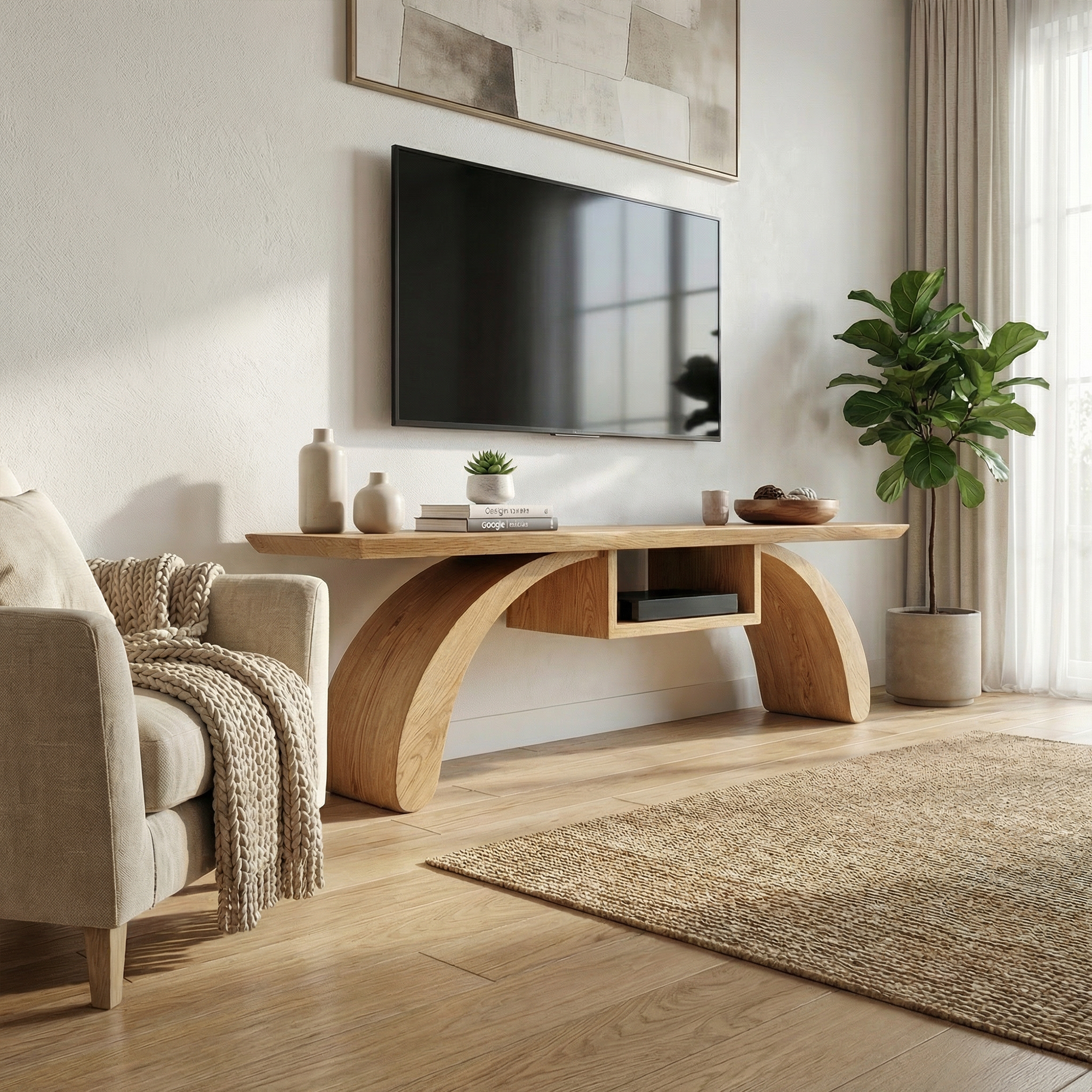 Rustic Wood TV Stand Curved Base Floating Top Living Room SINLKITS006
