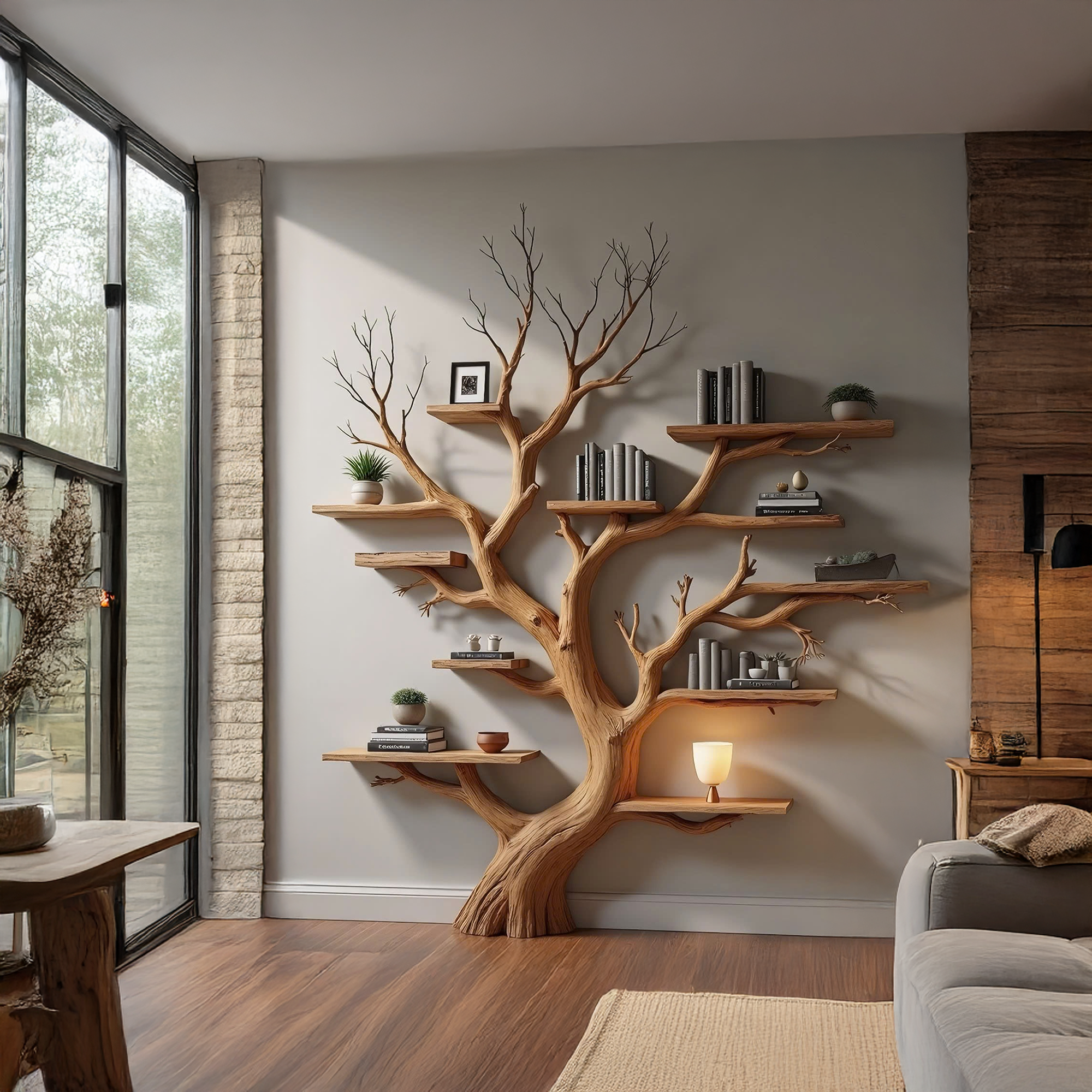 Wood Tree Bookshelf Wal Mounted Shelf Living Room SINLTB126