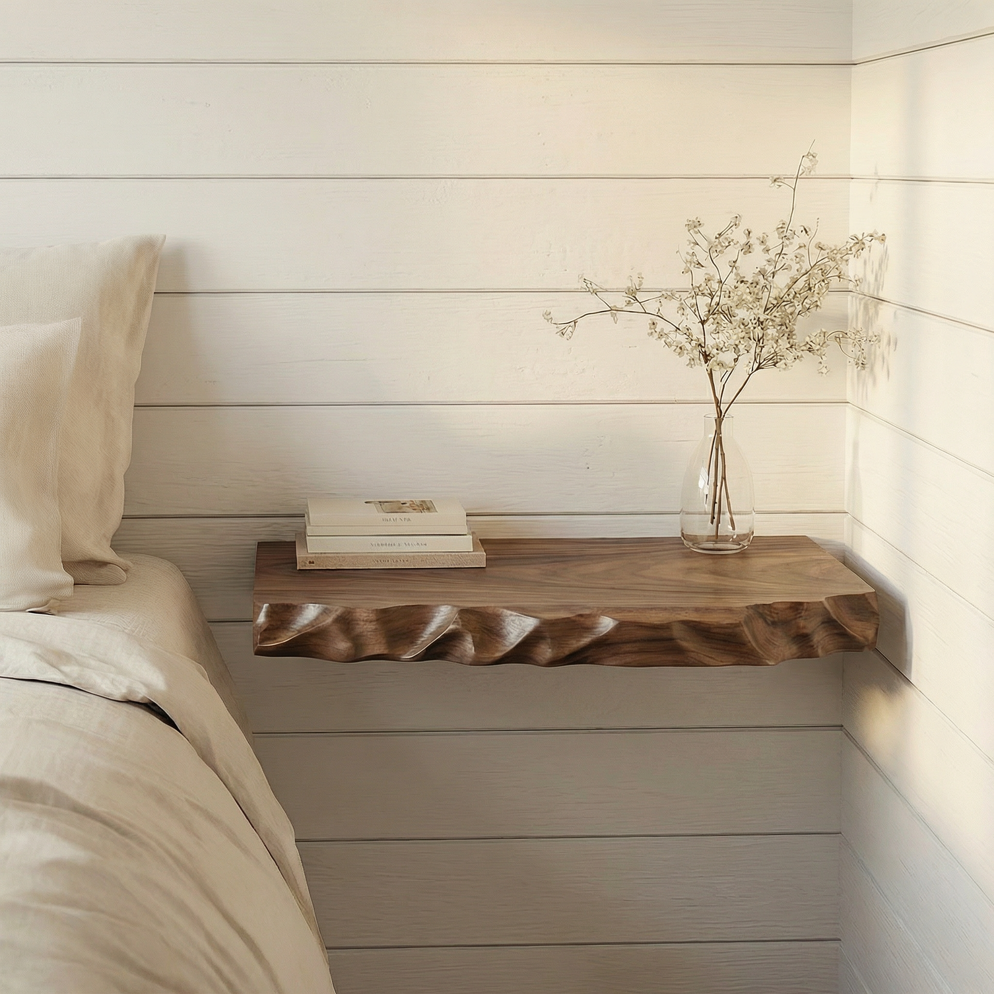 Organic Carved Floating Nightstand For Bedroom Or Sleeping Area SINLSAFL509