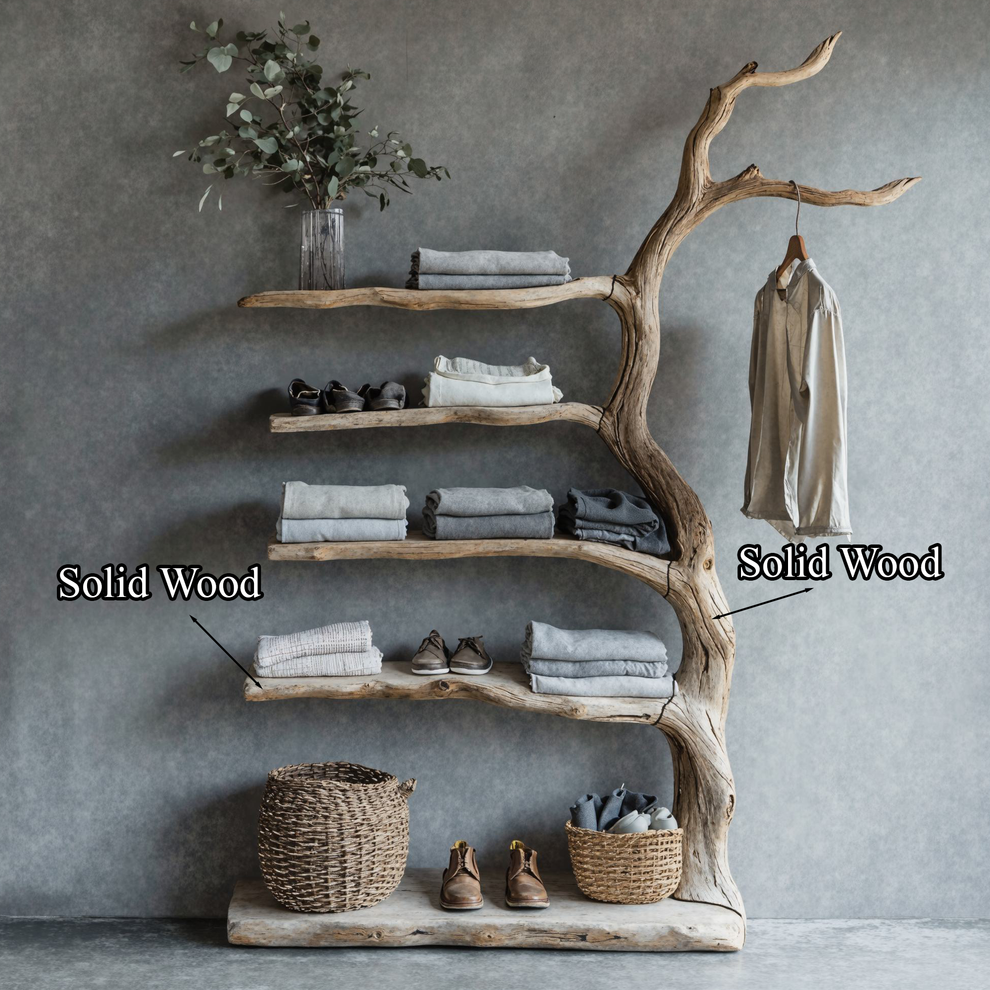 Driftwood Tree Branch Coat Rack With Shelf Shoe Storage SINLTB087