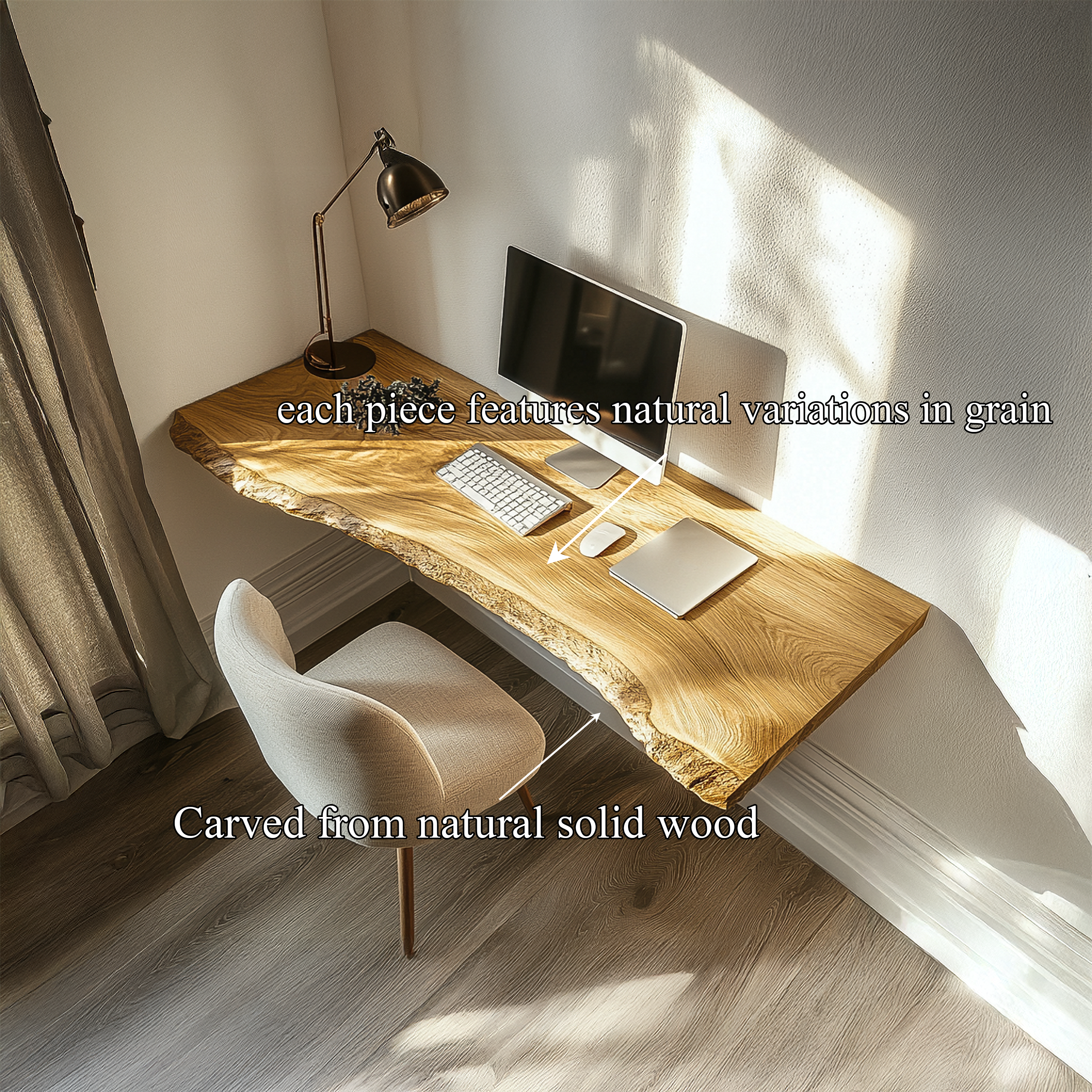 Rustic Organic Wall Mounted Work Desk Solid Wood Home Office Interior Natural Workspace SINLSAFL431