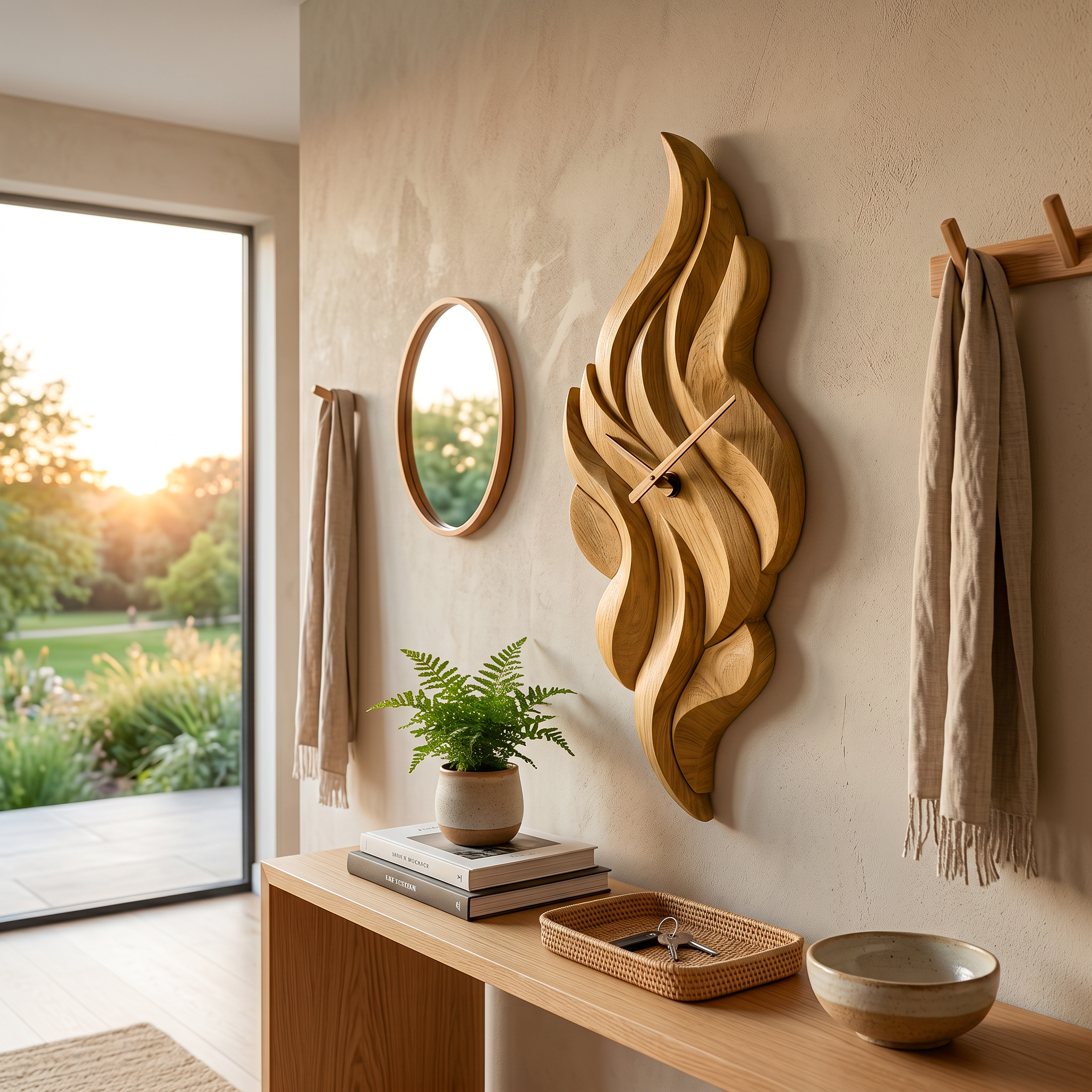 Modern Wooden Wall Clock With Sculptural Wave Carving For Interior RTTHTTWAC006