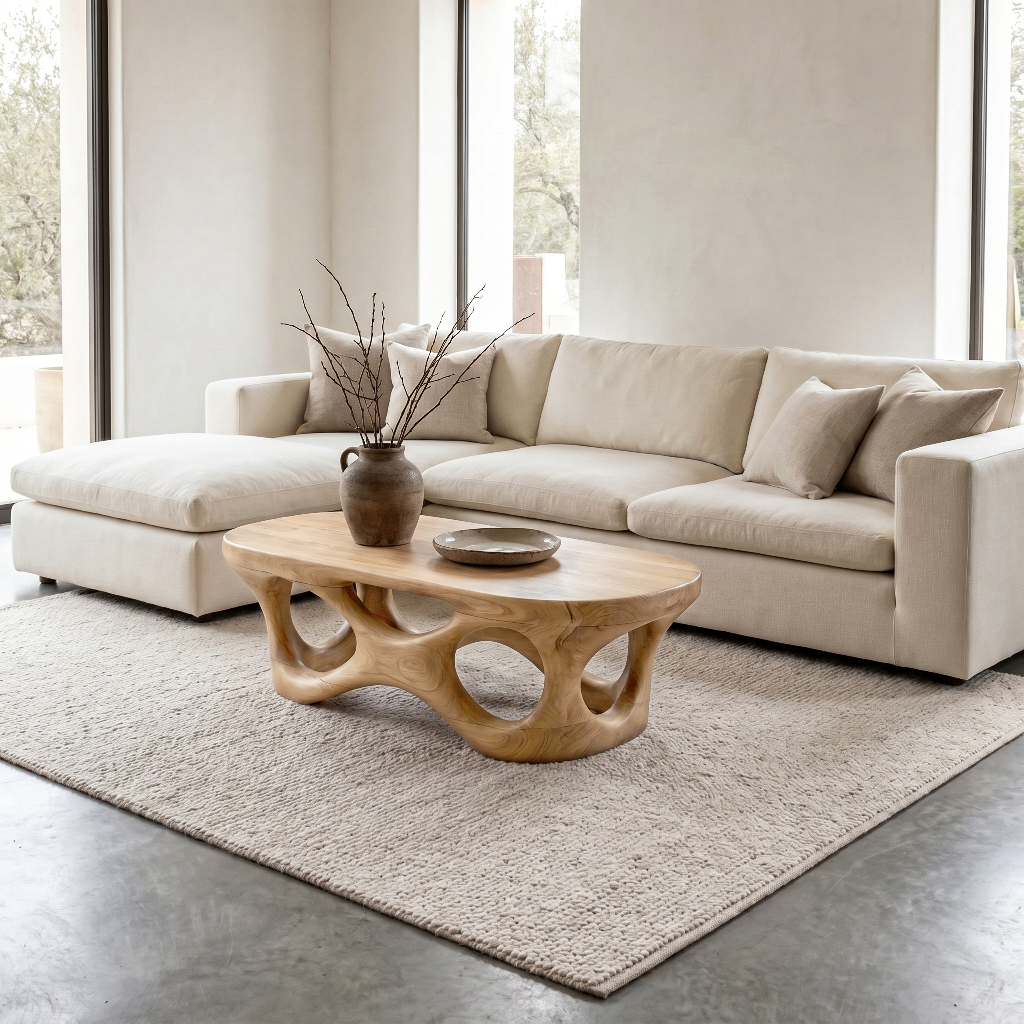 Sculptural Coffee Table With Interlocking Wood Base For Living Room SINLHACF370