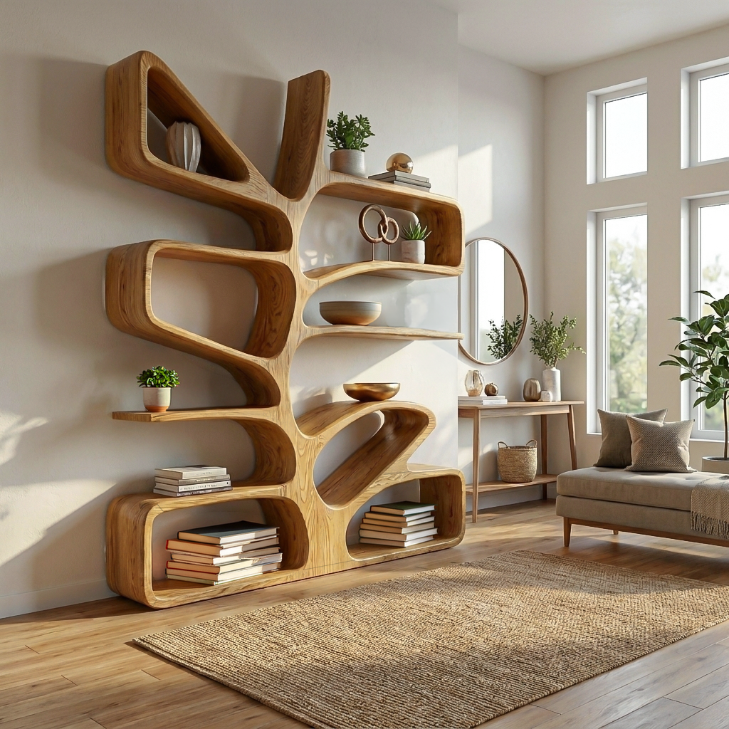 Organic Wooden Bookcase With Sculptural Form For Living Space RTTHTTBS130
