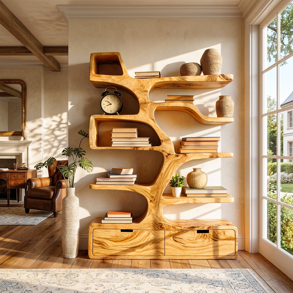 Contemporary Wooden Bookshelf Sculpted Design For Living Space RTTHTTBS125