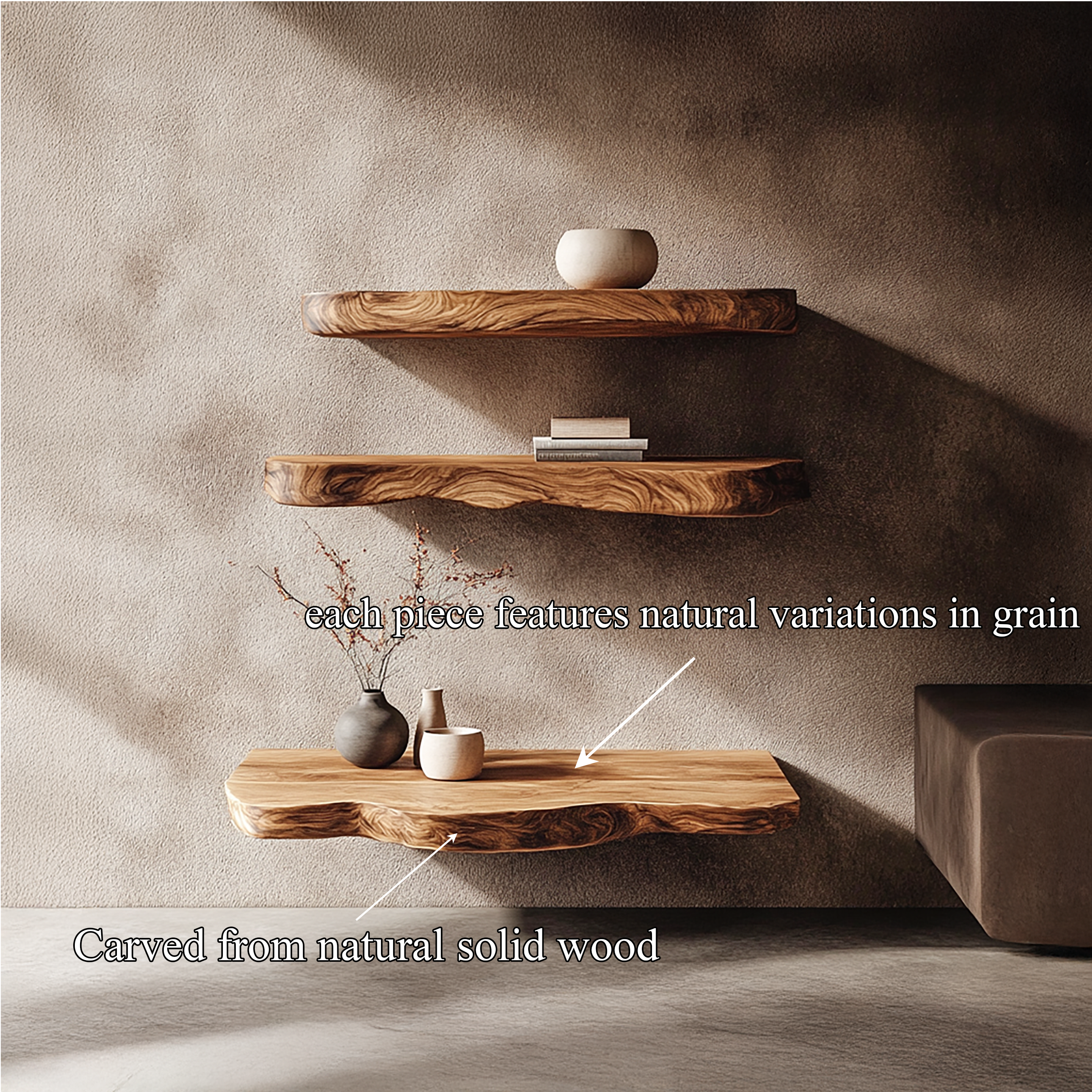 Rustic Nature Inspired Floating Display Shelves Solid Wood Living Room Interior Statement Feature SINLSAFL416