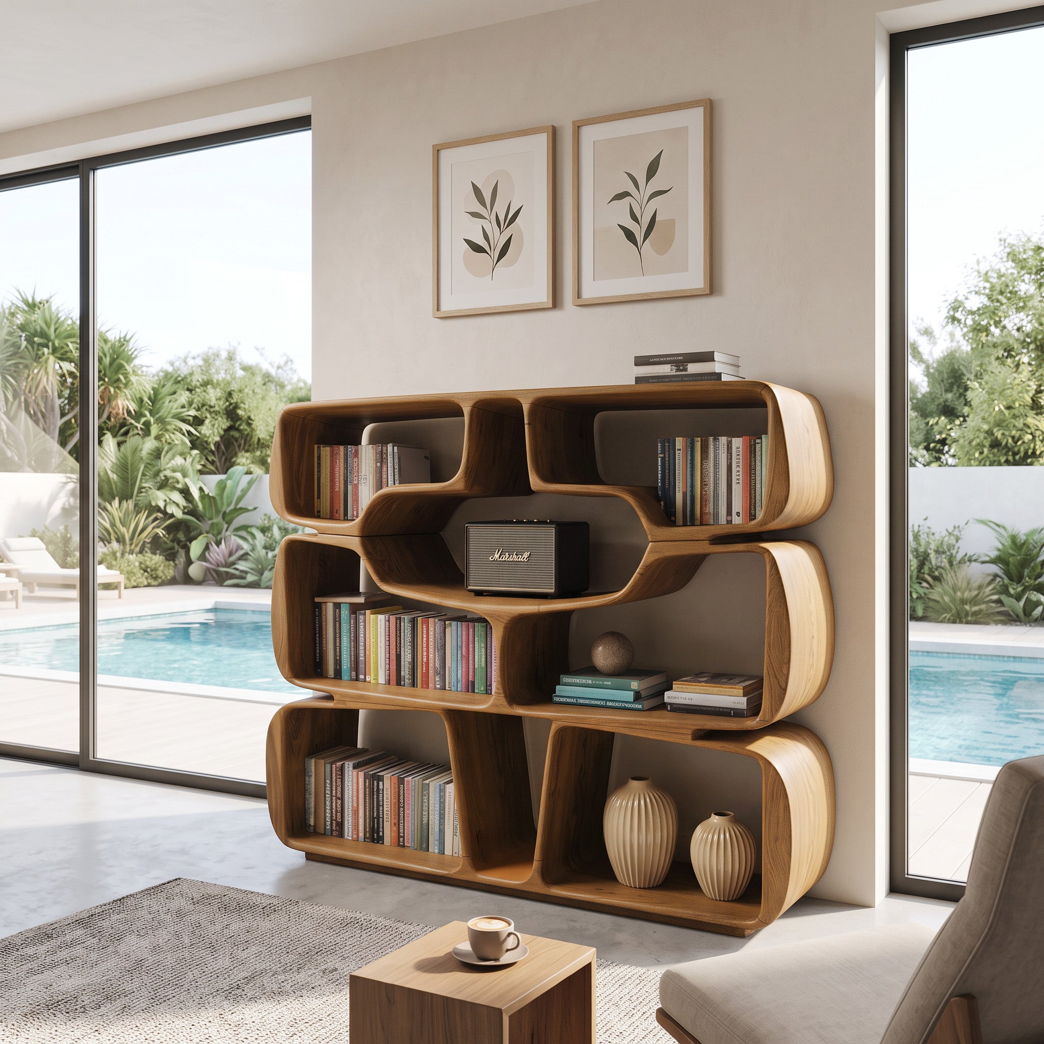 Modern Sculptural Bookshelf With Organic Curves For Living Room SITHHNBS042
