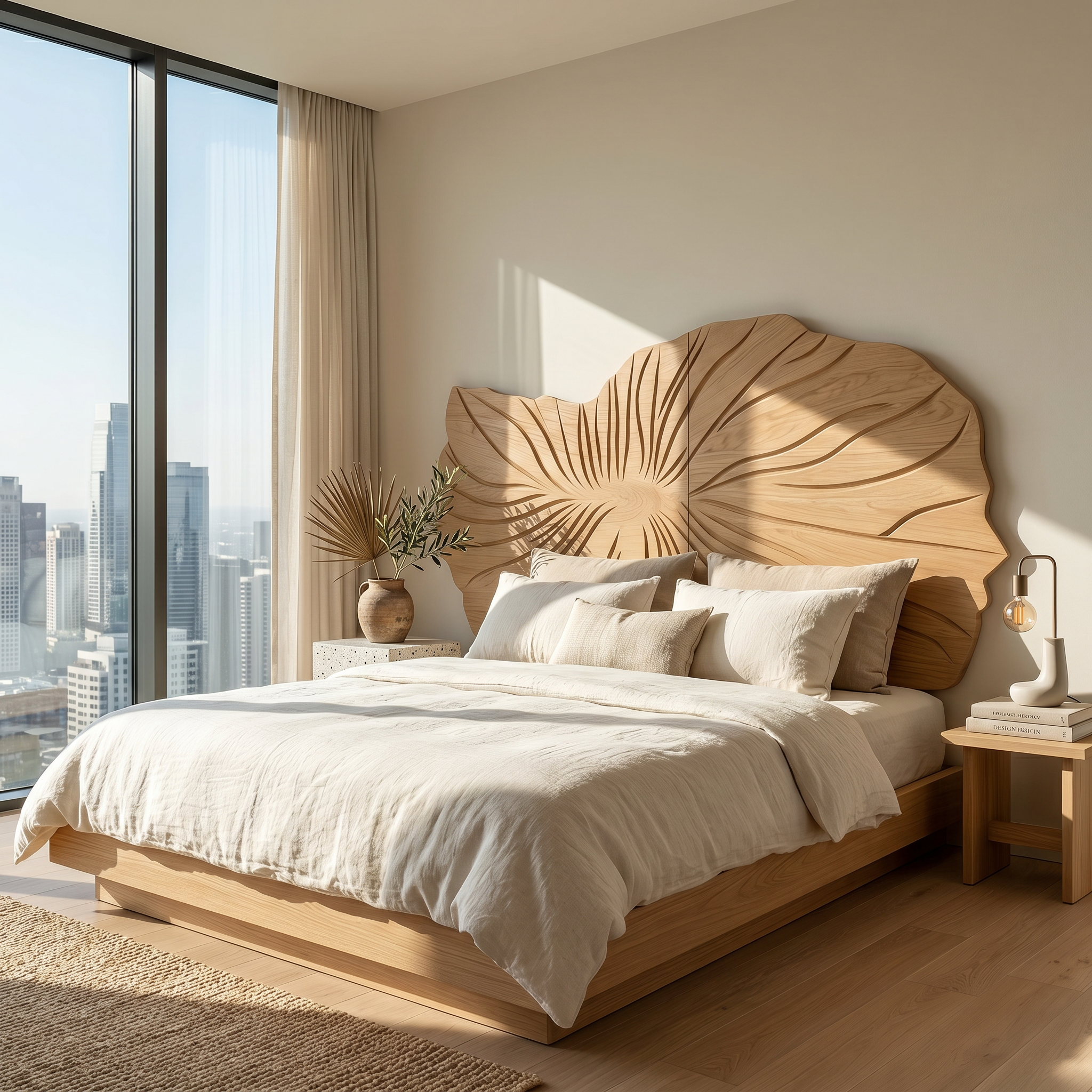 Sculptural Leaf Wood Headboard For Contemporary Neutral Bedroom SILDTTRHB009