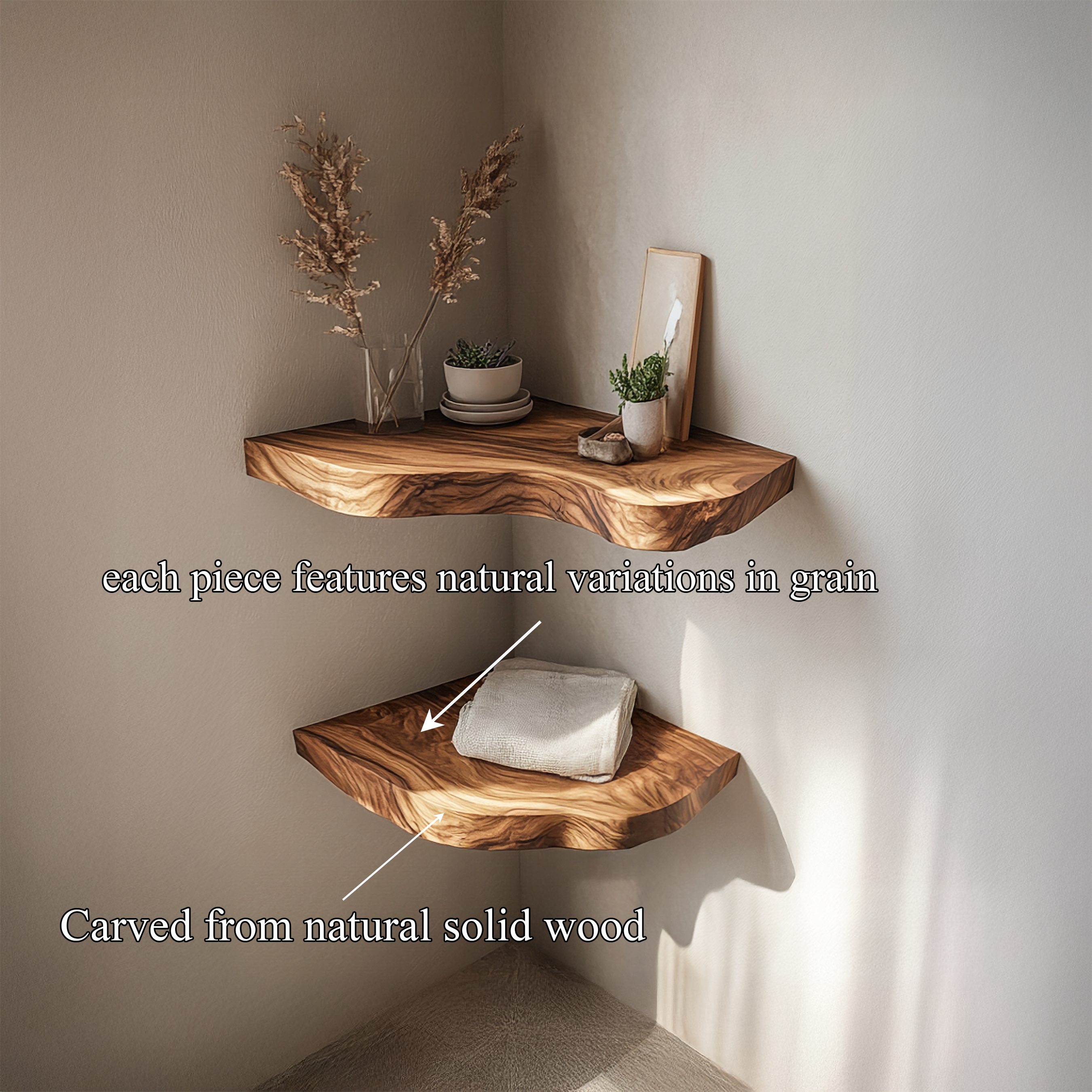 Rustic Live Edge Corner Floating Shelves Solid Wood Living Room Interior Display SINLSAFL420