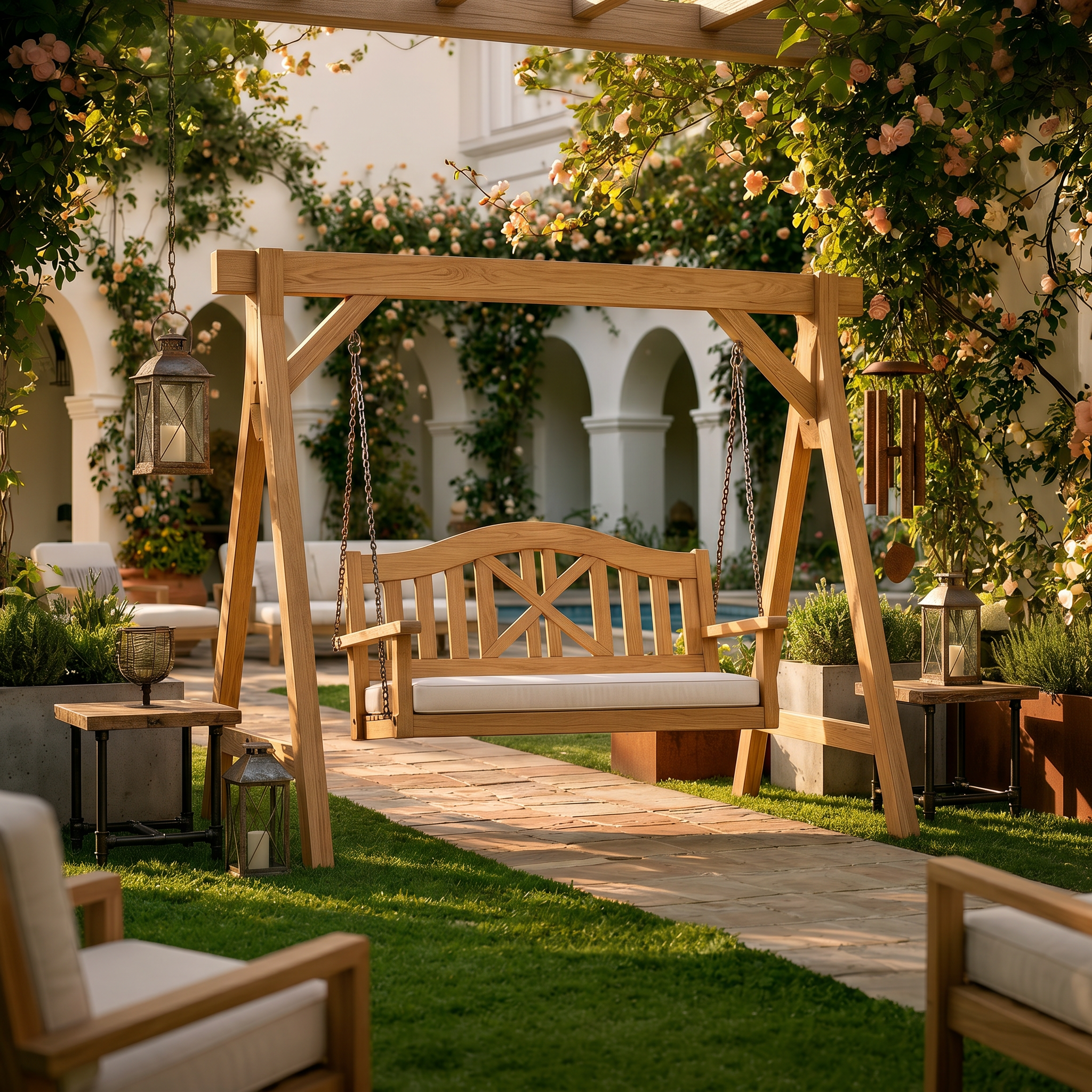 Mediterranean Wooden Swing Bench Villa Patio SILDTTRSWI014