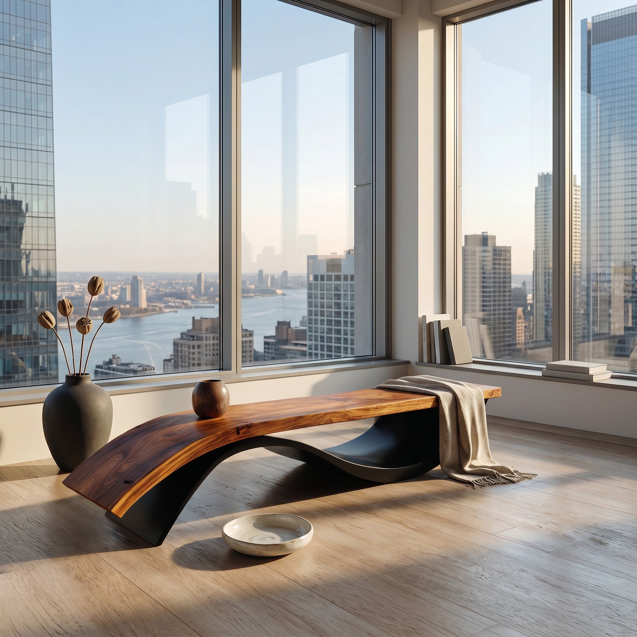 Handcrafted Wooden Bench With Unique Undulating Form For Living Room RTTHHNCHR160
