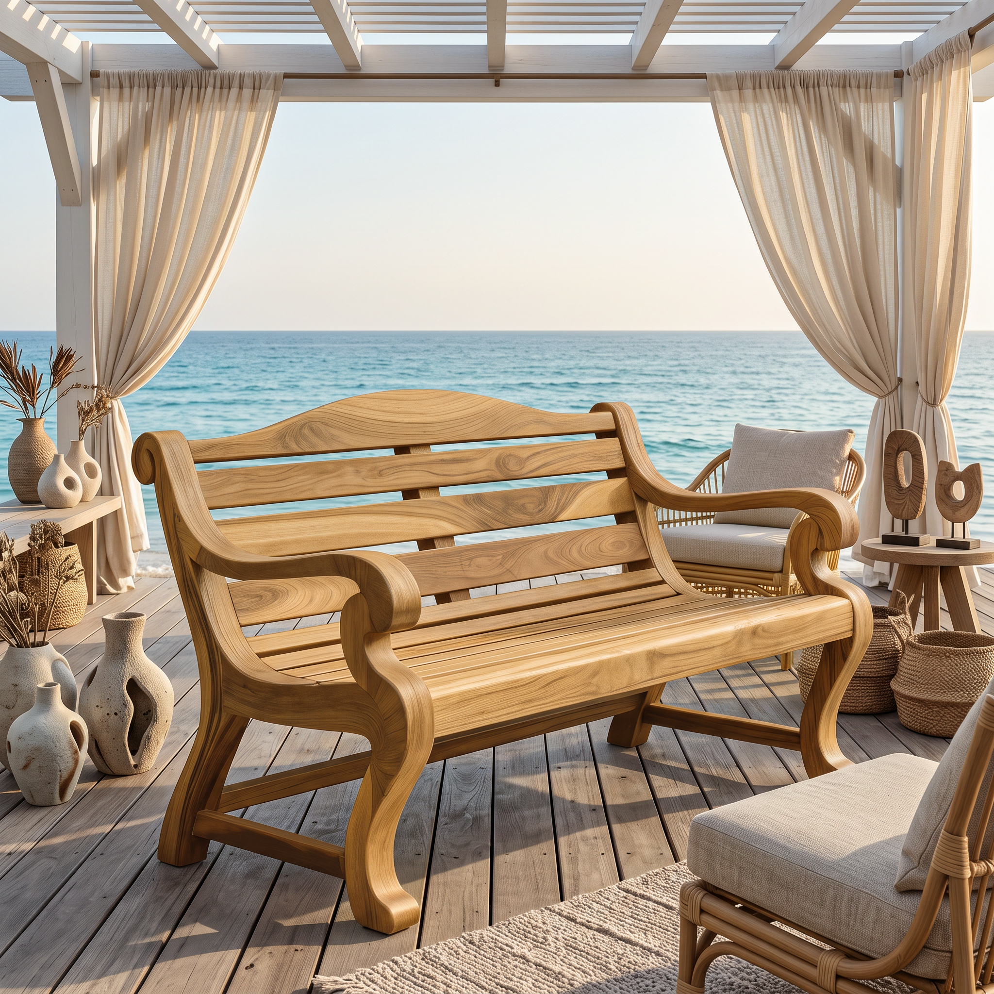 Classic Curved Wood Garden Bench With Sculpted Arms For Patio Or Entryway SITHTTCHR032