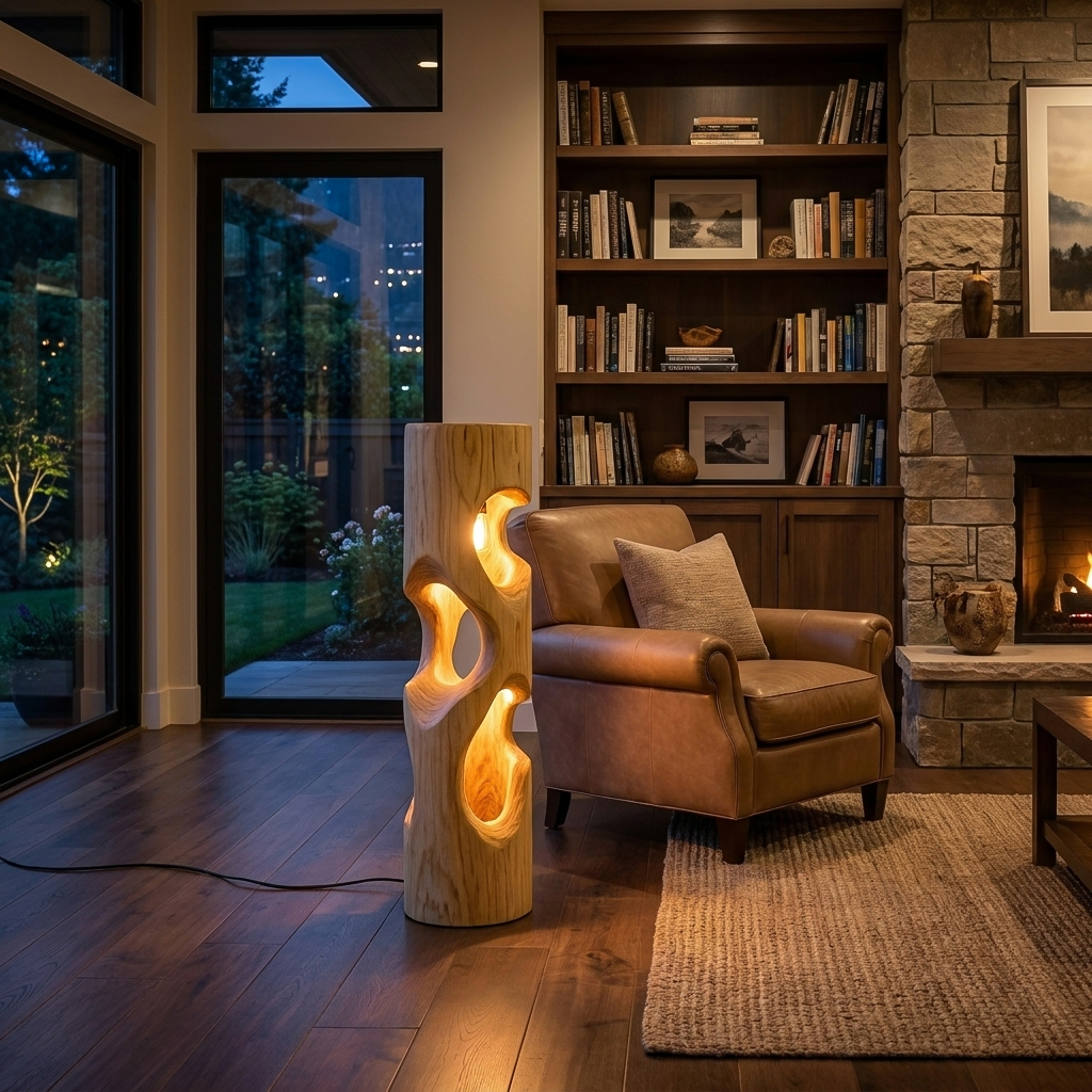 Rustic Wooden Floor Lamp With Sculptural Hollow For Cozy Bedroom RTTHTTLAM052