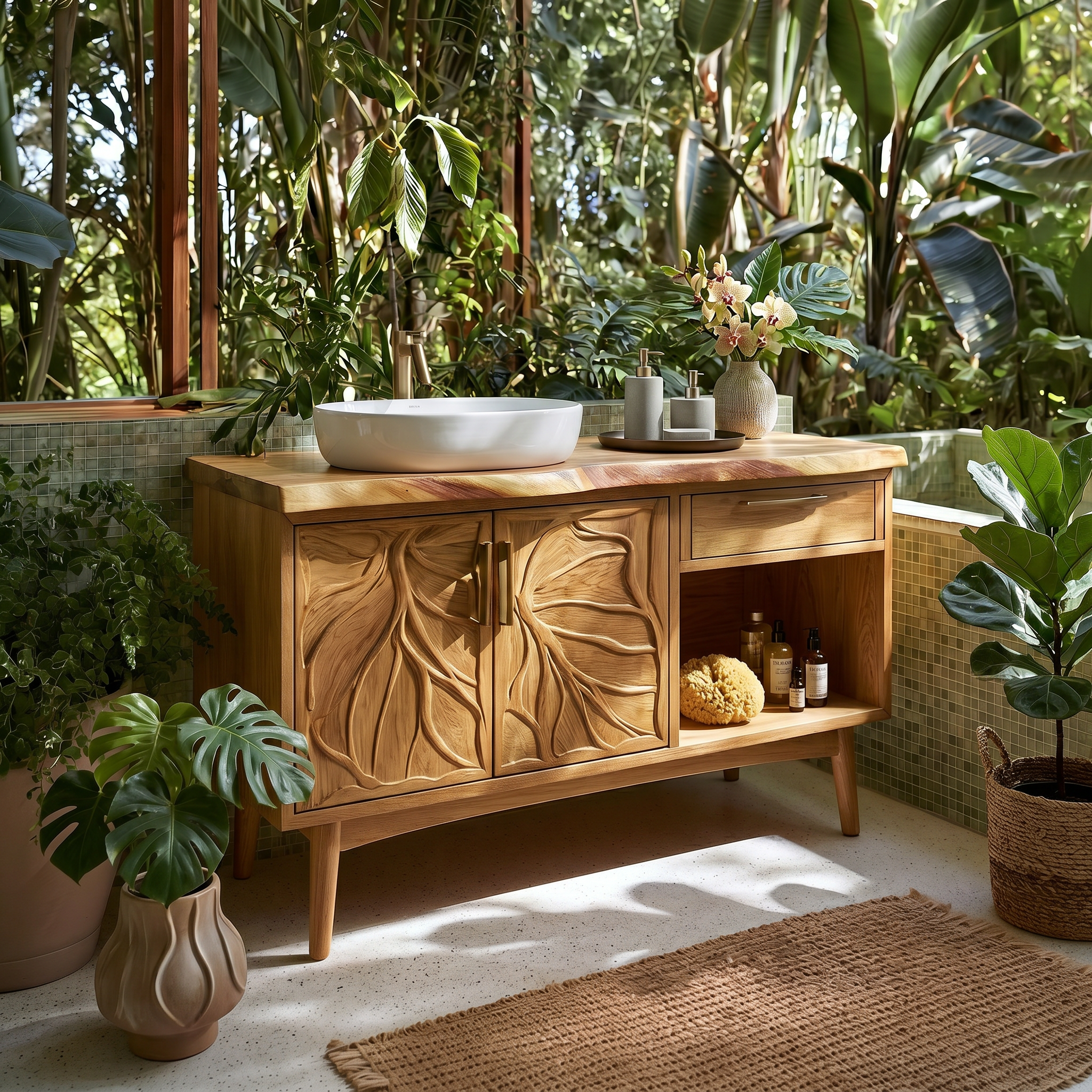Tropical Wooden Vanity Cabinet With Carved Doors Spa Bathroom SILDTTRBRV142