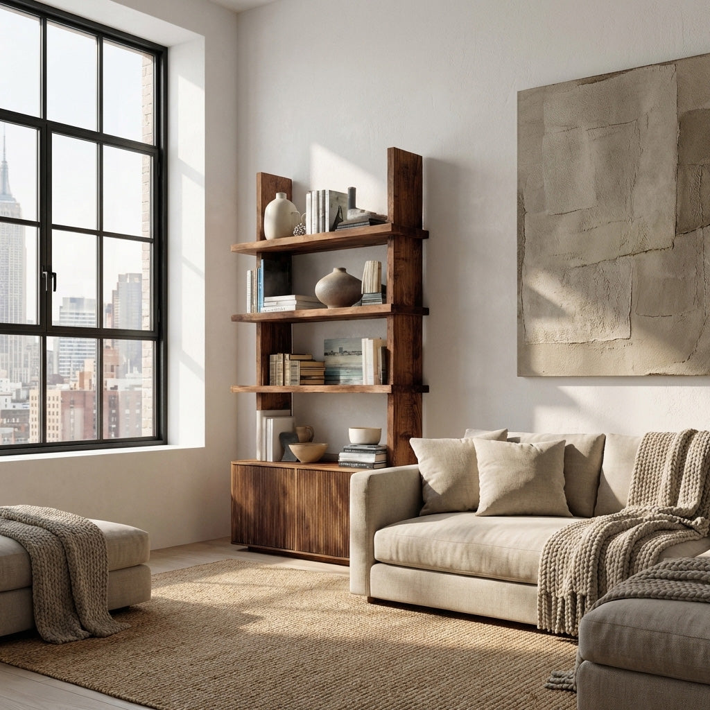 Contemporary Fluted Wood Bookshelf For Living Decor RTTHHNBS145