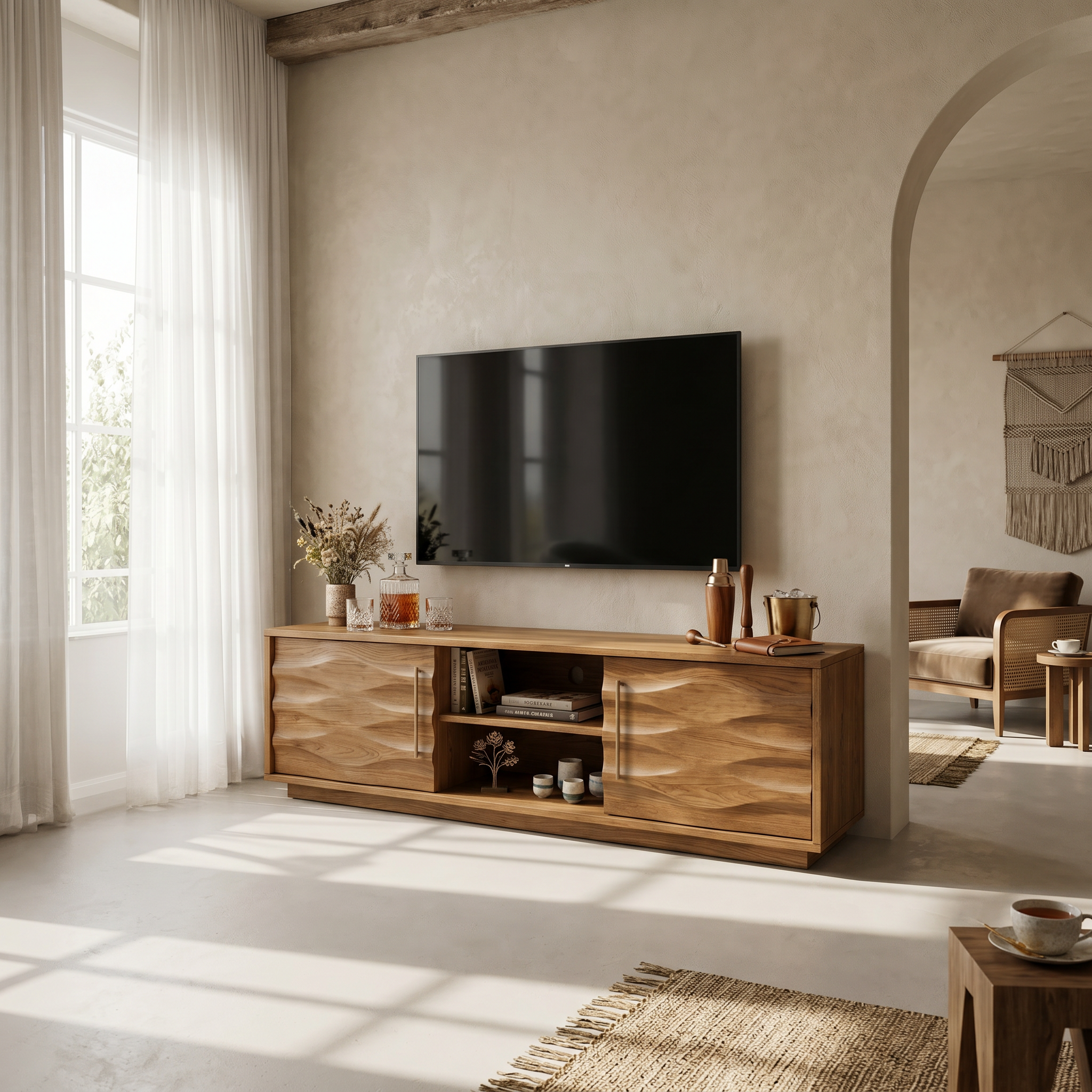 Rustic Curved Media Console For Mediterranean Interior SILDTTRTVC086