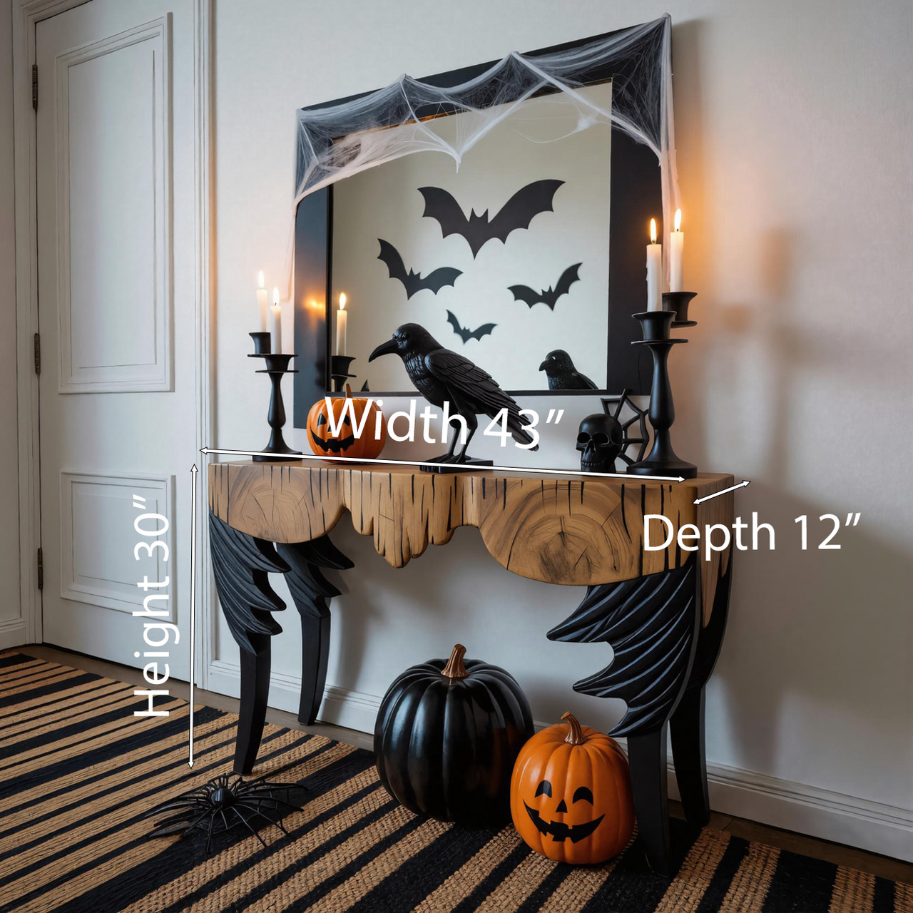 Gothic Wooden Halloween Console Table With Bat Wing Legs And Dripping Edge For Entryway SITHHNHW001