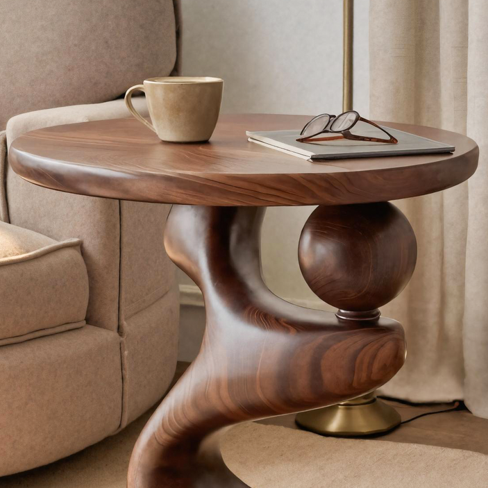Modern Sculpted Wood Side Table With Artistic Curved Base For Living Room Or Bedroom SITHTTSTA010