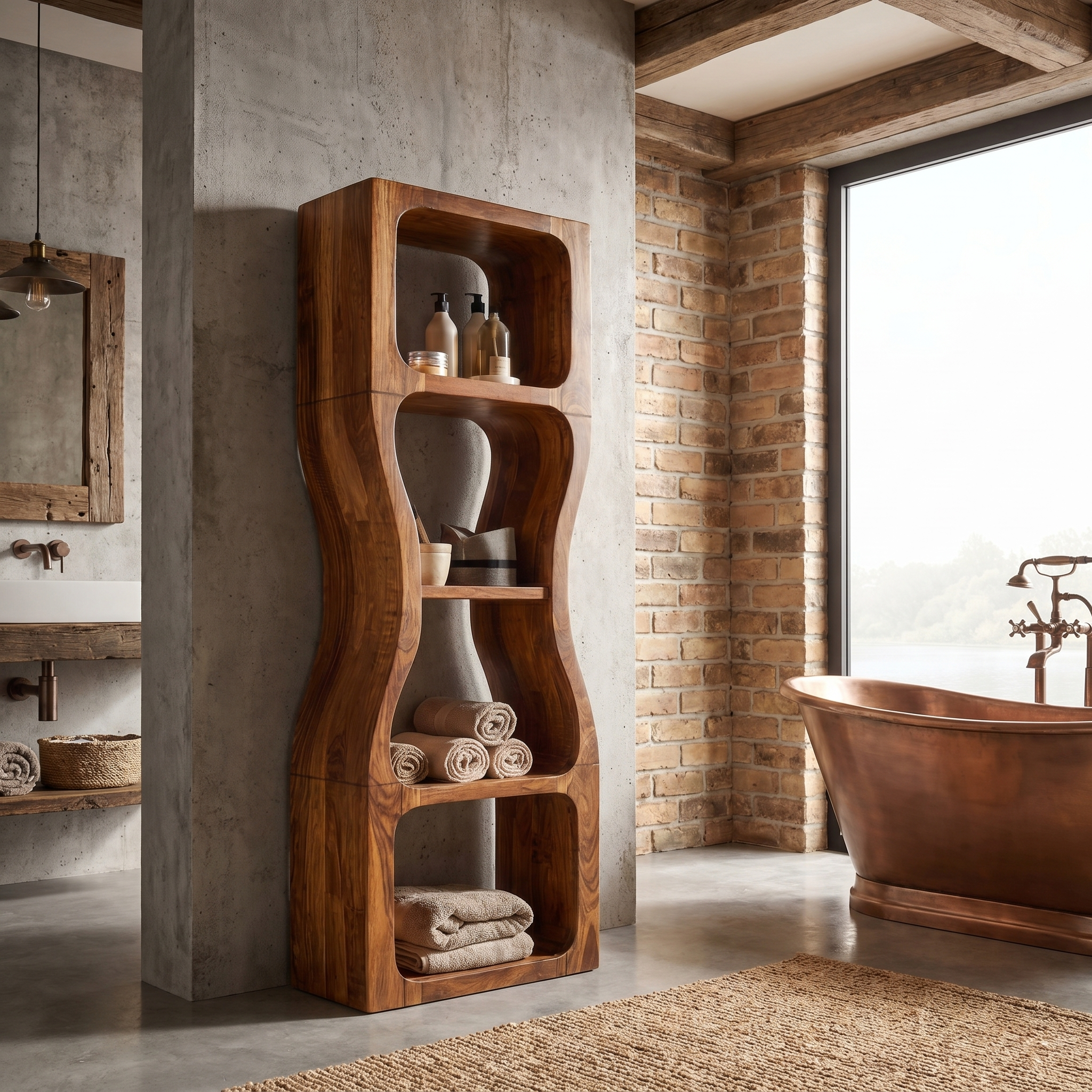 Rustic Modern Bathroom Storage Cabinet With Sculptural Wave Design And Open Shelves For Bathroom SINLSABCT027