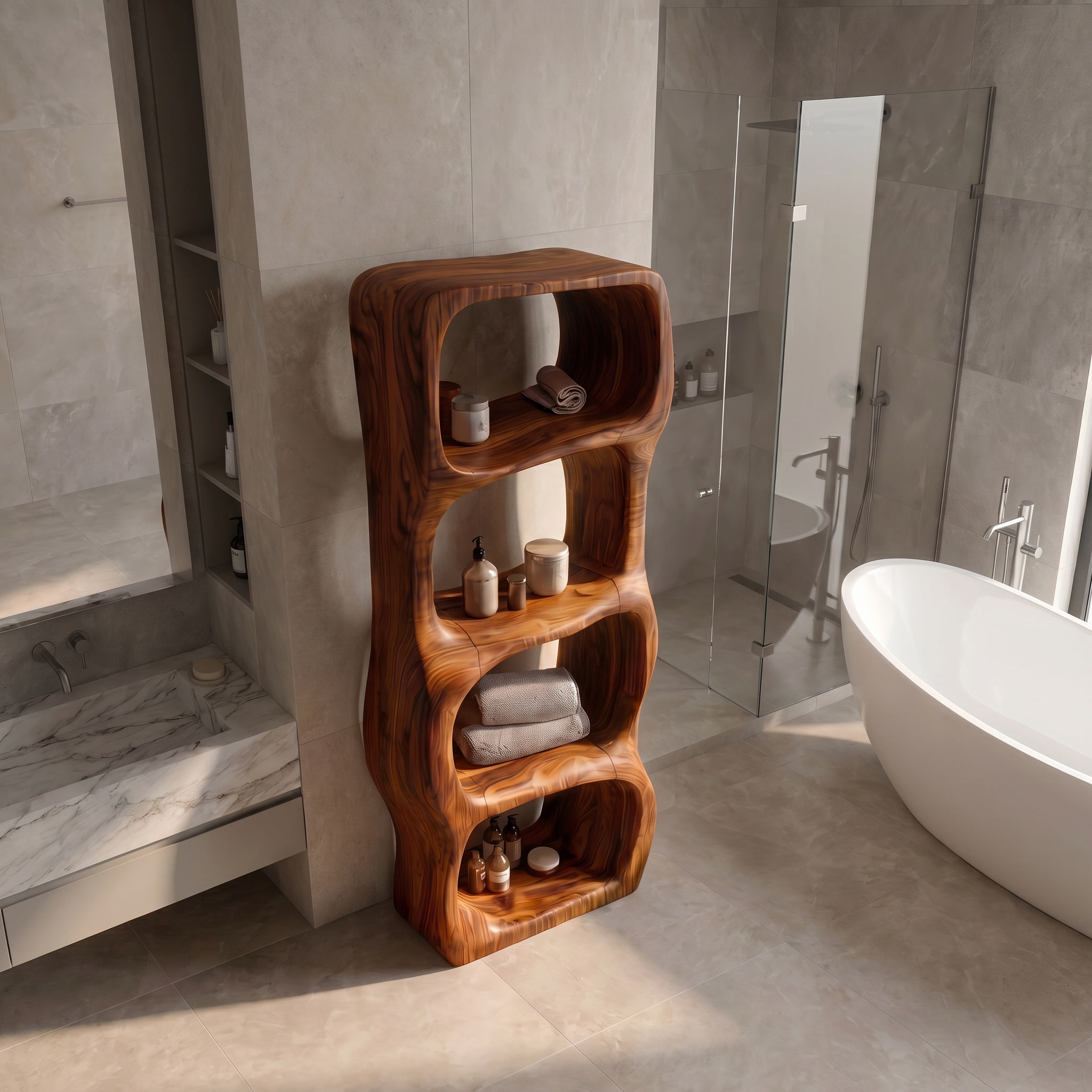 Modern Organic Bathroom Storage Cabinet With Rounded Sculptural Shelves And Open Storage For Bathroom SINLSABCT028