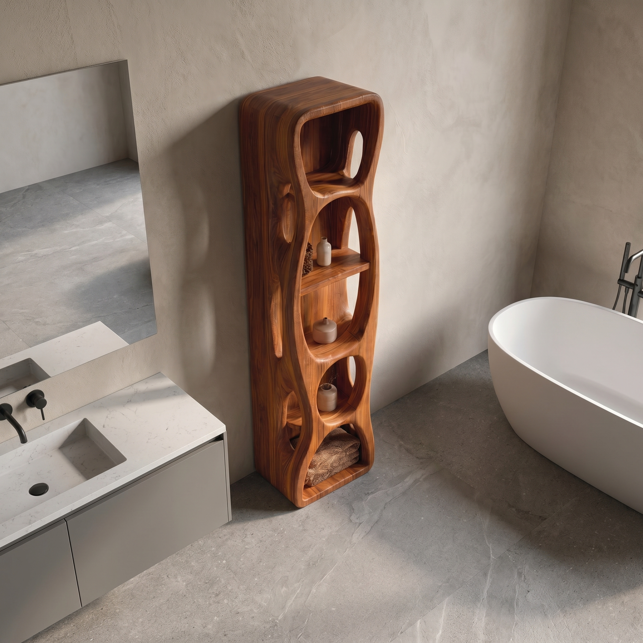 Sculptural Bathroom Cabinet With Hollow Cut Design And Open Shelving For Bathroom SINLSABCT032