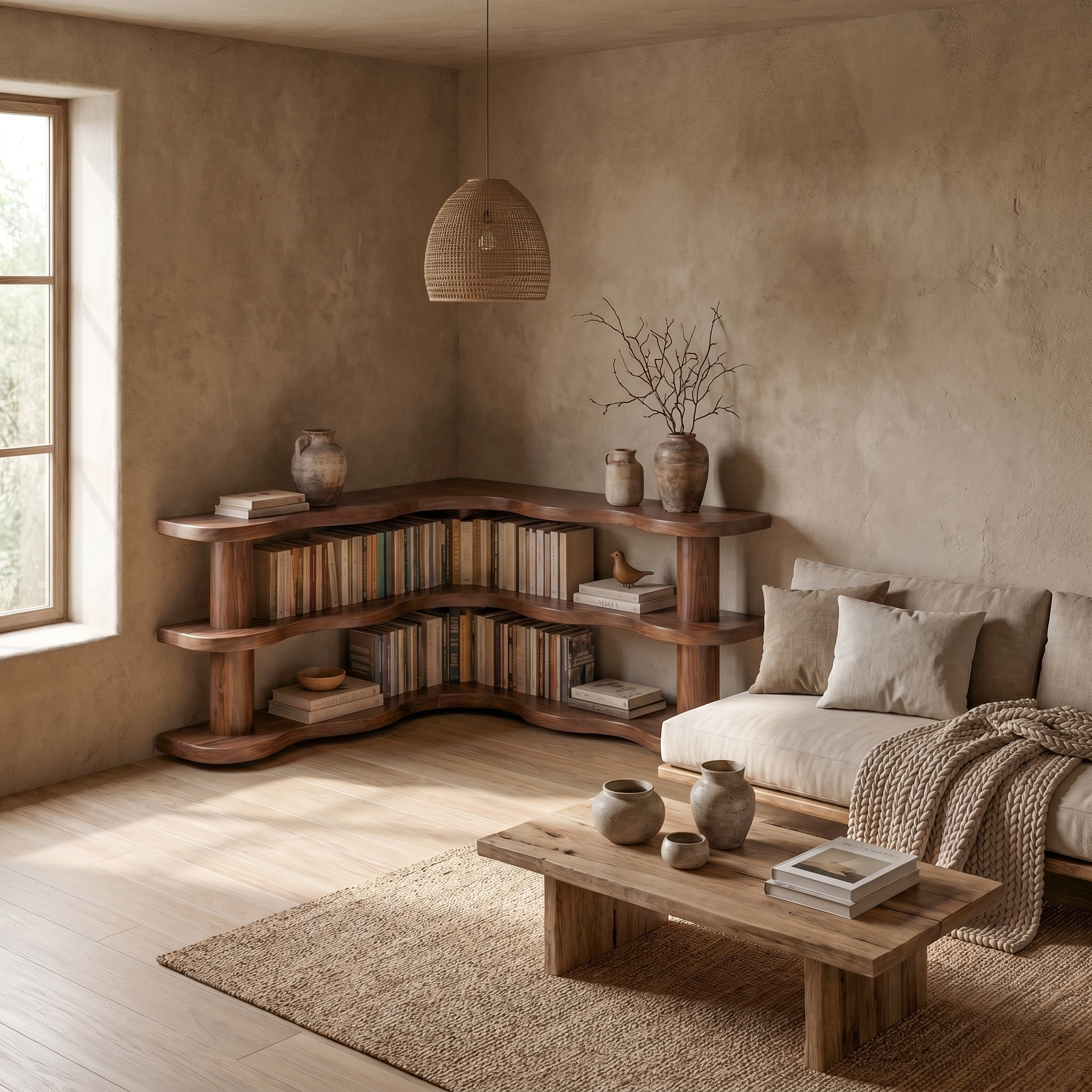 Rustic Modern Corner Bookshelf With Multi Tier Wooden Shelves For Living Room And Bedroom SINLSABS014