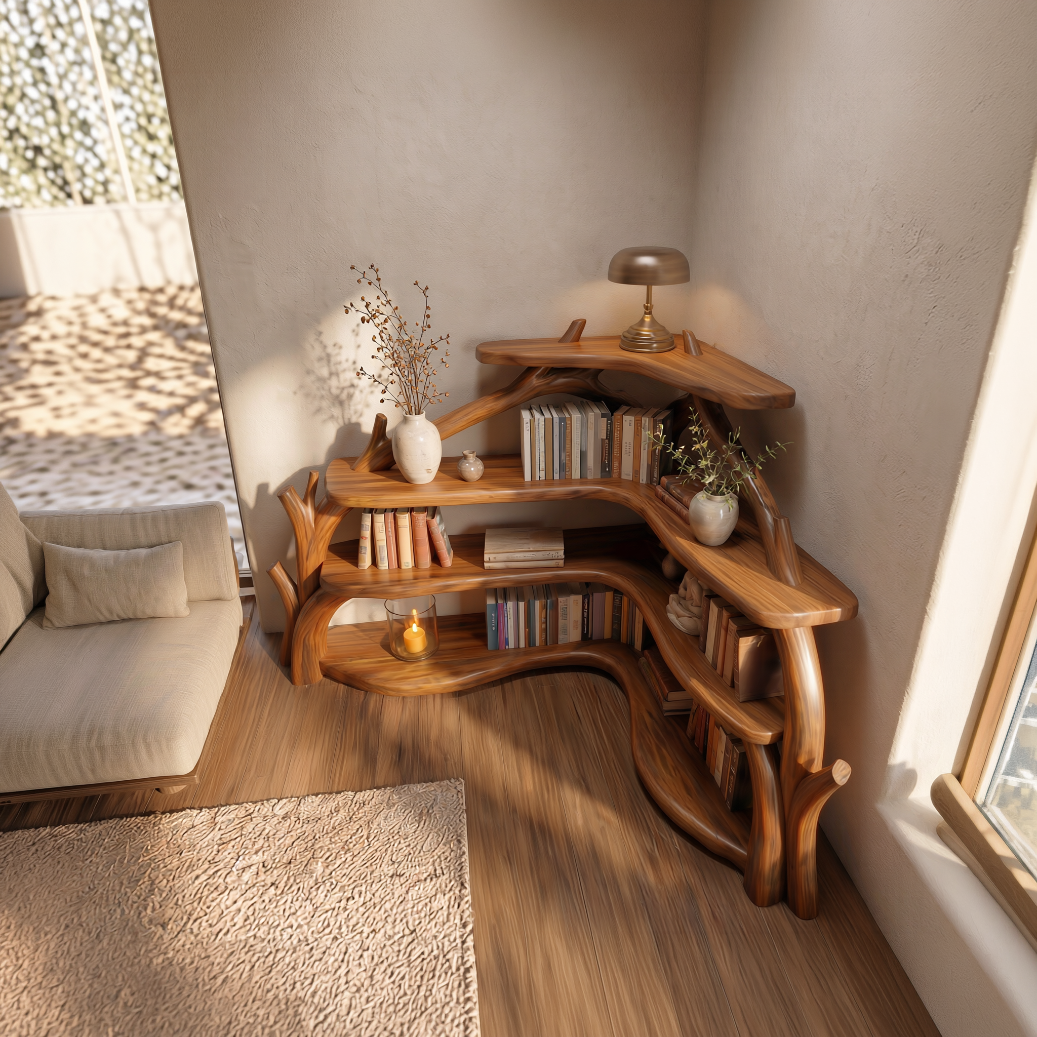 Sculptural Corner Bookcase With Natural Branch Design For Living Room SINLSABS015