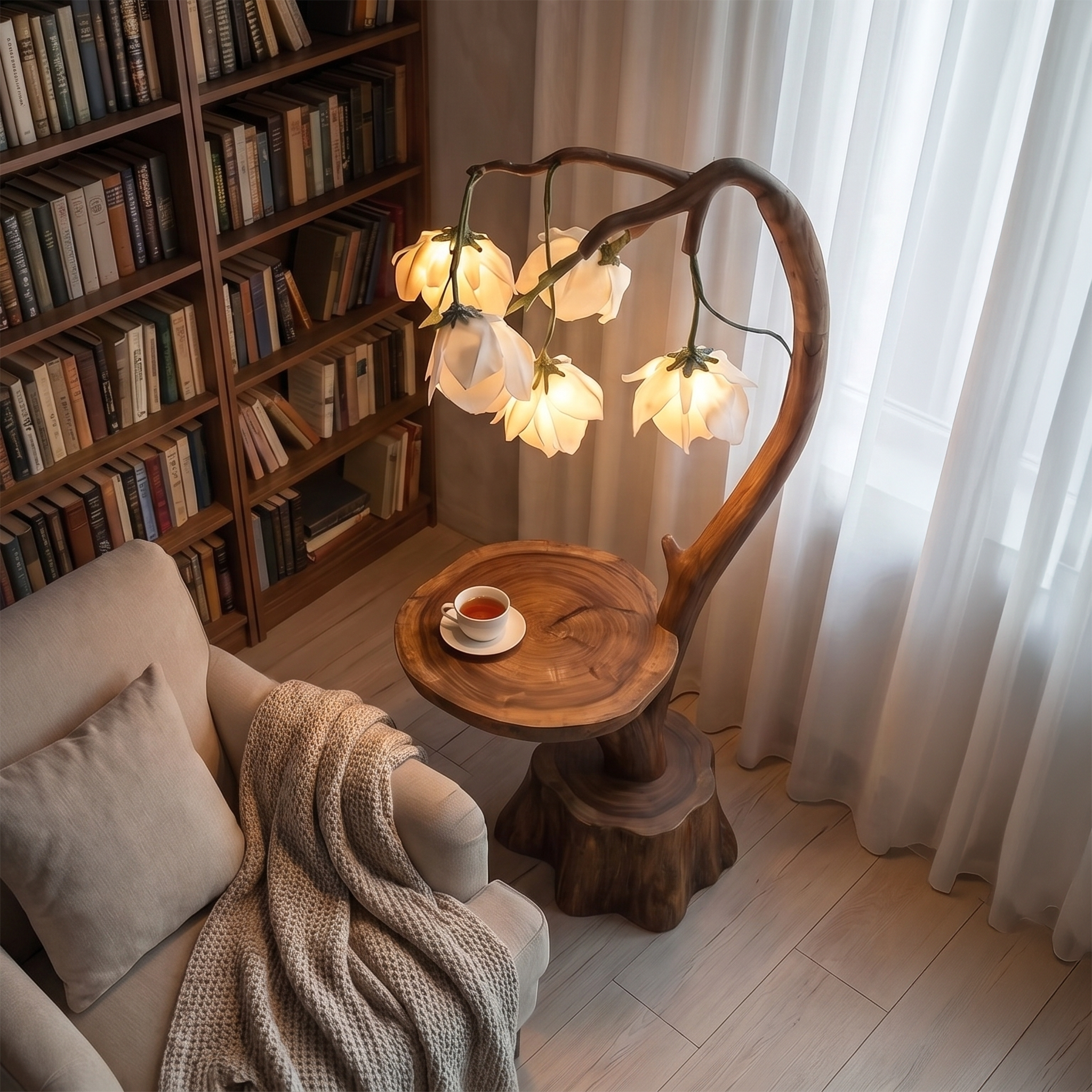 Sculptural Flower Floor Lamp With Handmade Wood Base For Living Room And Bedroom SINLSAFLP075