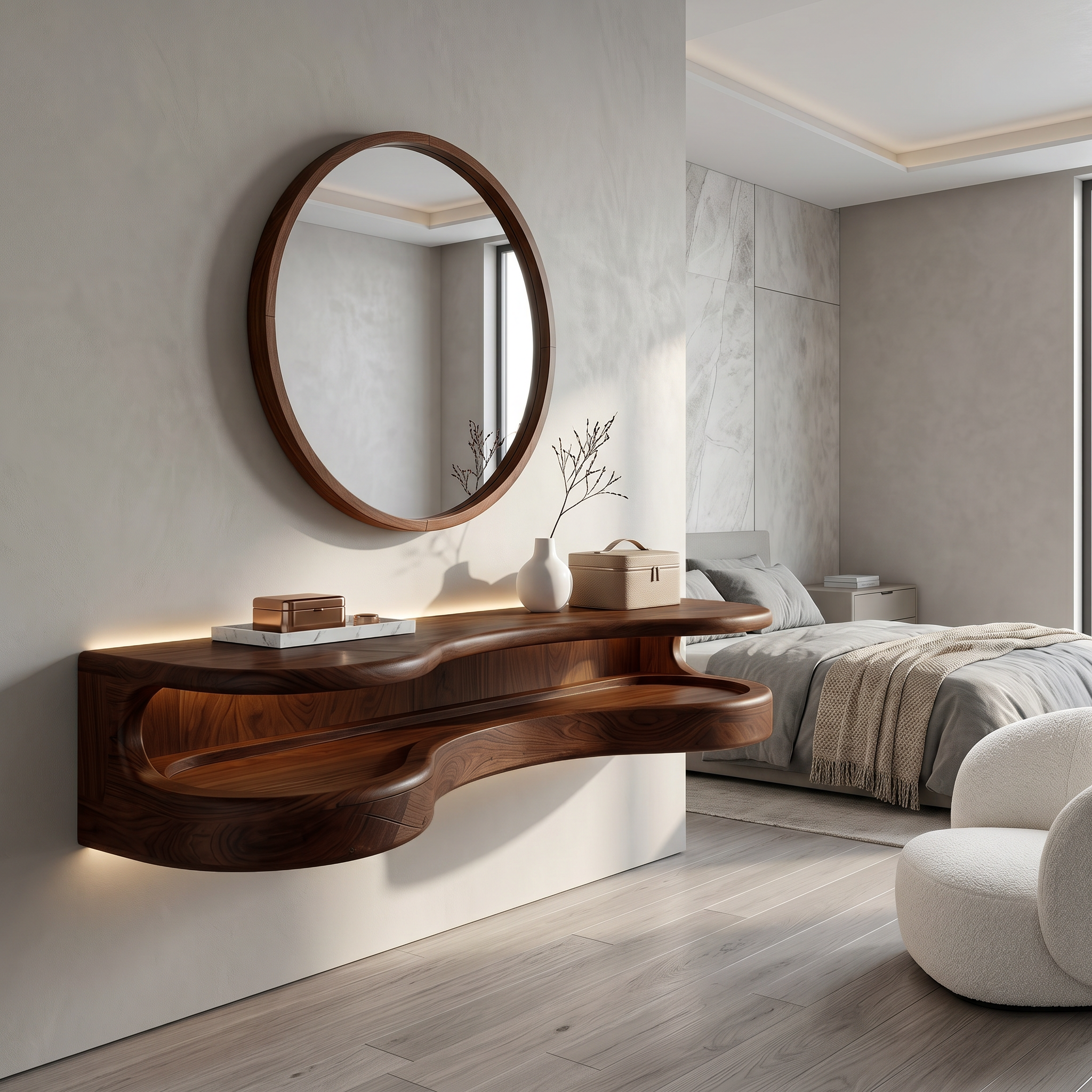 Organic Floating Vanity Desk With Rounded Wood Shelf For Bedroom SINLSABDT071