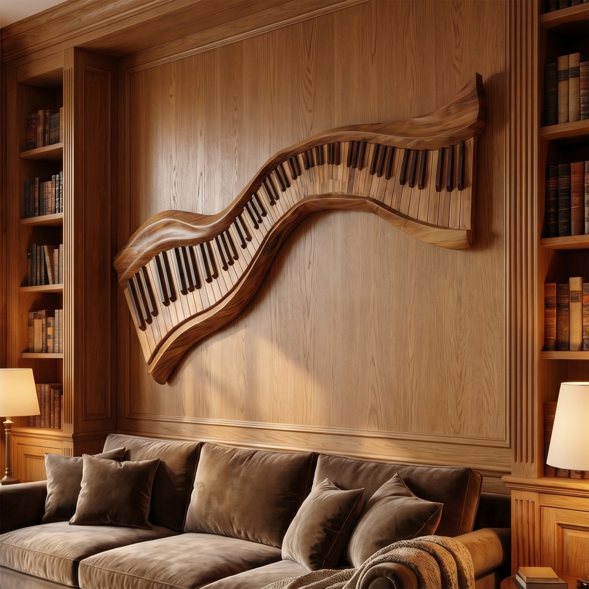 Organic Abstract Keyboard Wave Wooden Wall Sculpture For Living Room SINLSAWD076
