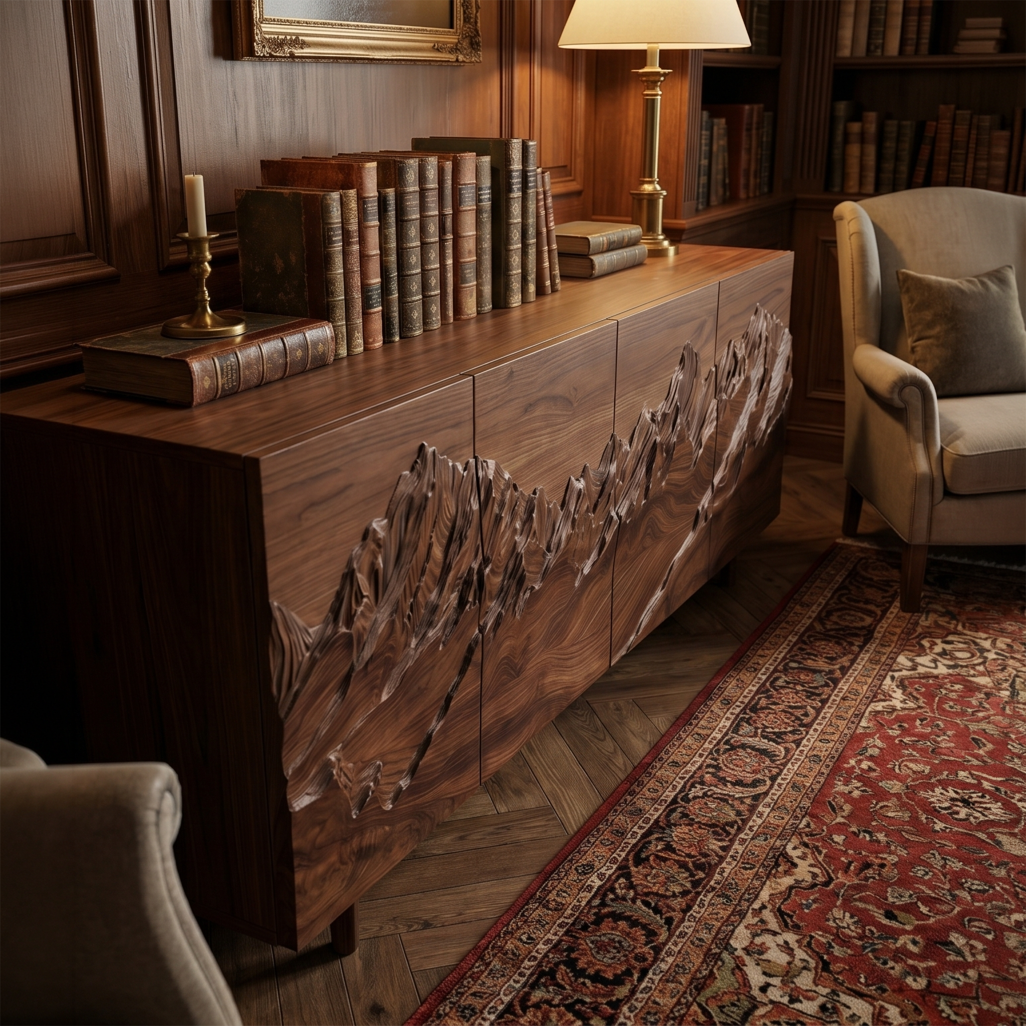 Rustic Mountain Landscape Sideboard With Carved Wood Doors For Living Room And Entryway SINLSASC518