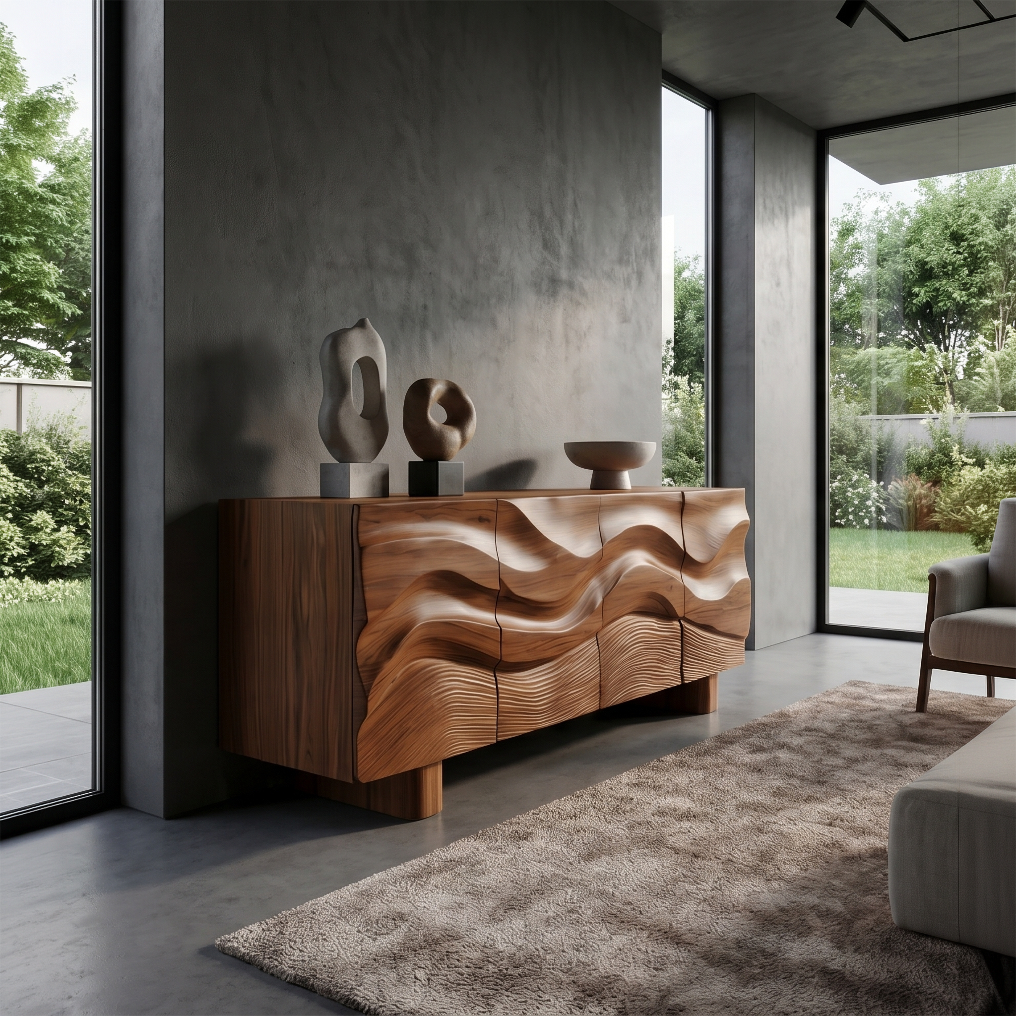 Modern Organic Sideboard With Wave Front Wood Doors For Living Room SINLSASC521