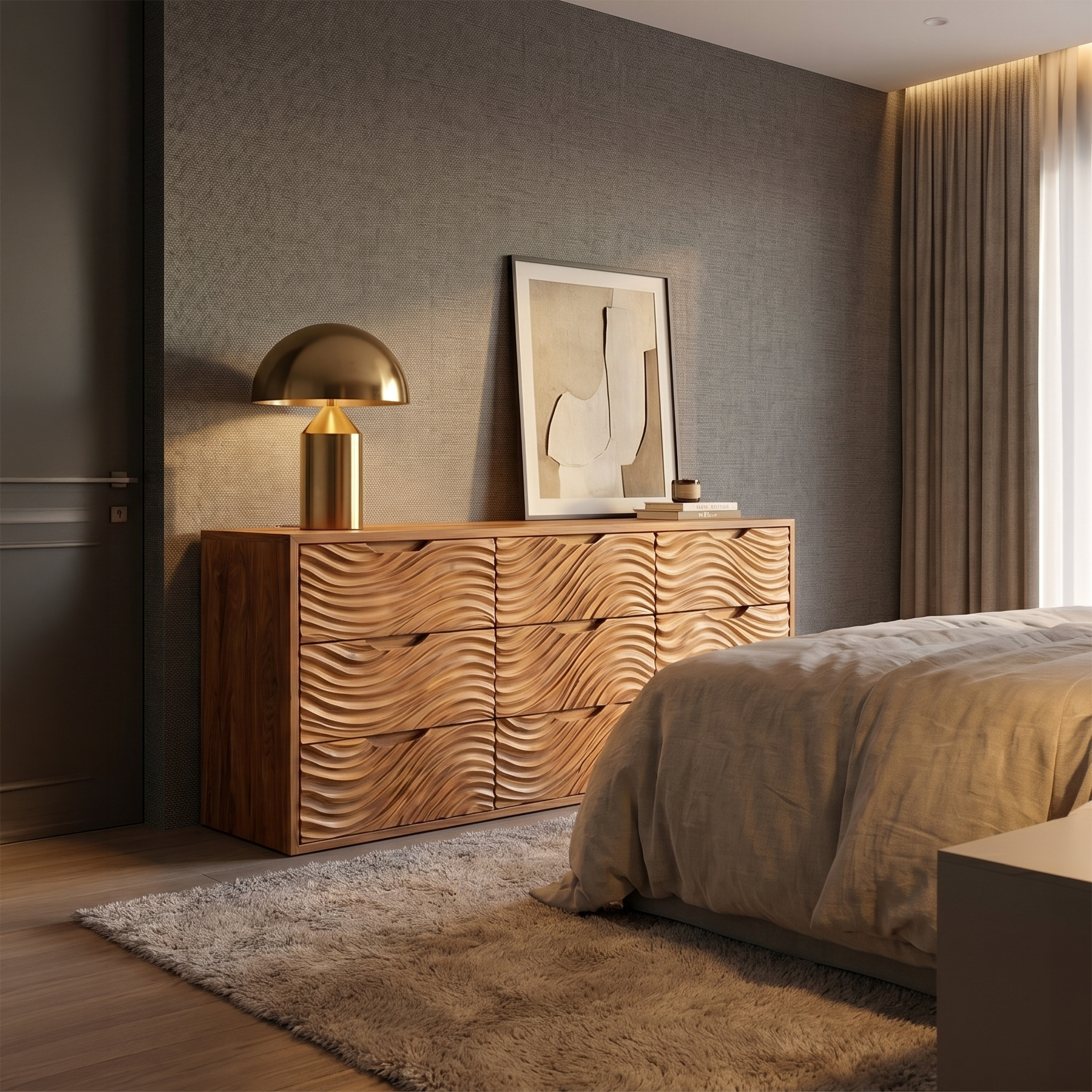 Organic Sideboard With Hand Carved Wave Wood Doors And Solid Wood Storage Cabinet For Living Room SINLSASC531